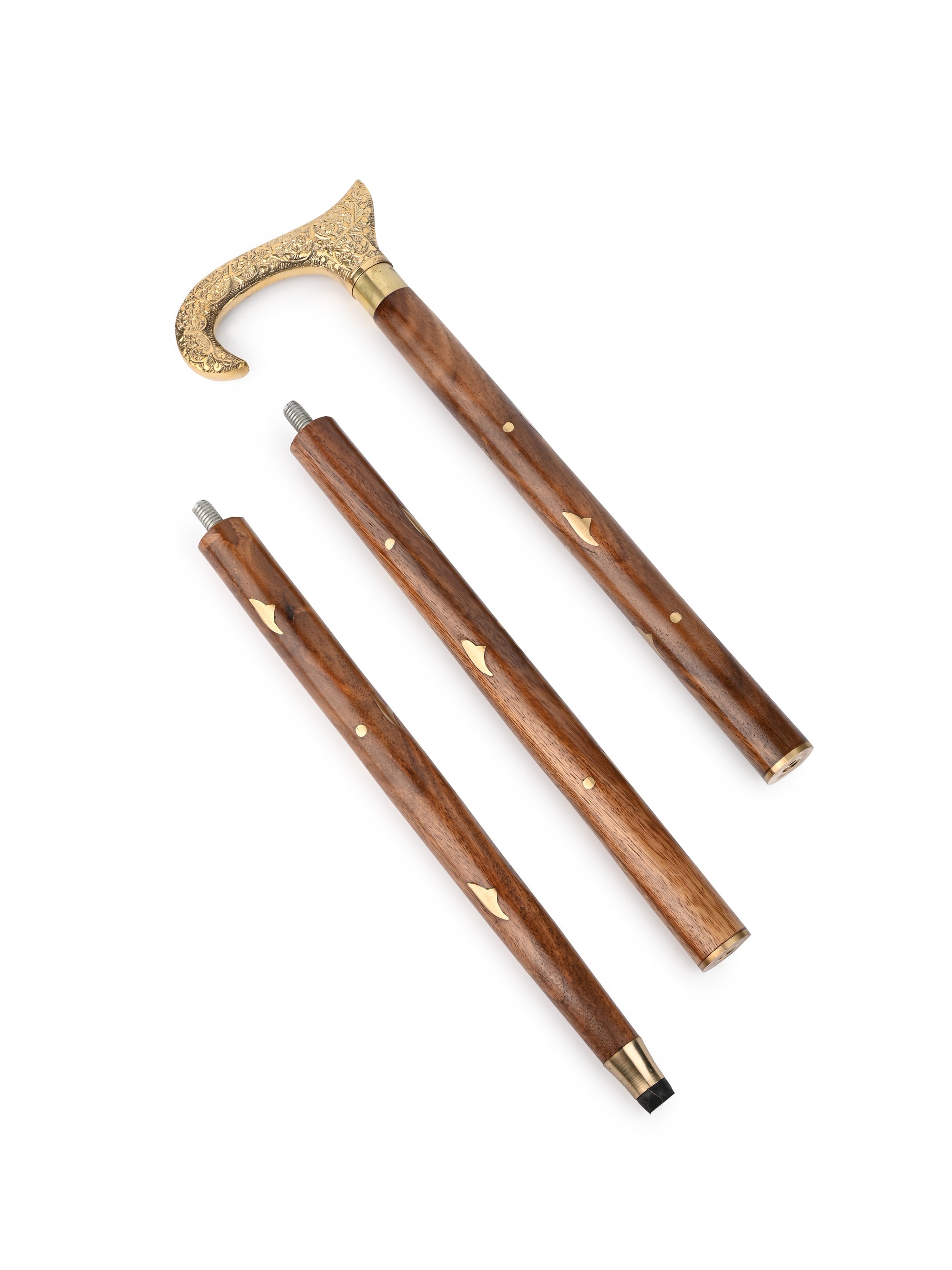 Shisham wood crafted brass handle royal walking stick - Easily detachable