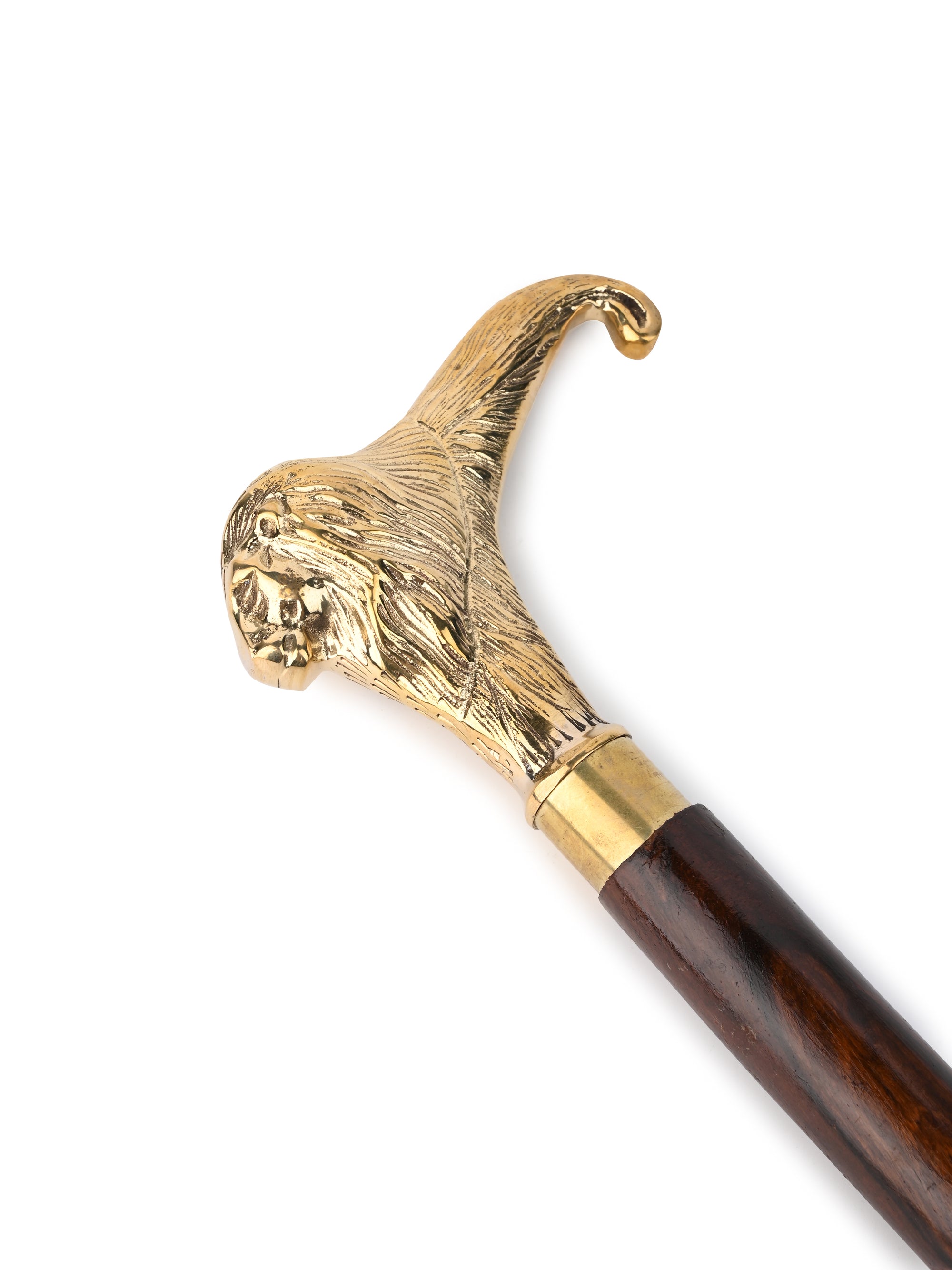 Shisham wood crafted brass lion face handle walking stick / cane - Easily detachable