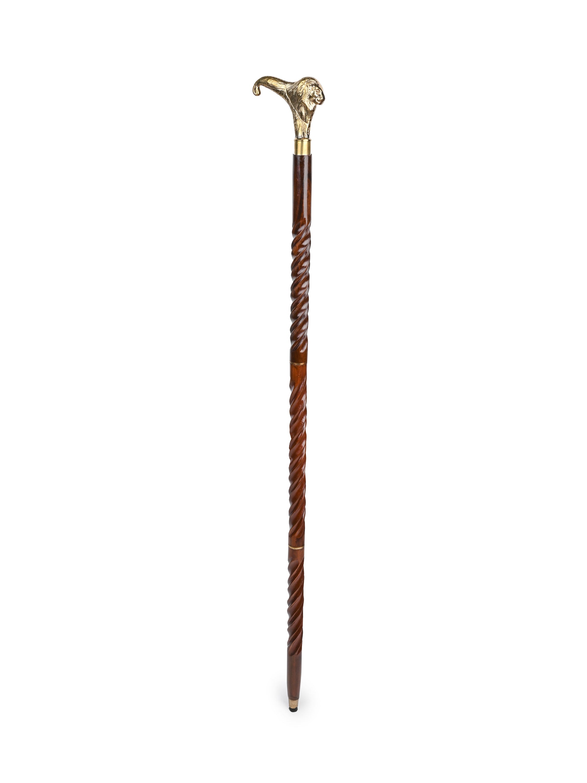 Shisham wood crafted brass lion face handle walking stick / cane - Easily detachable