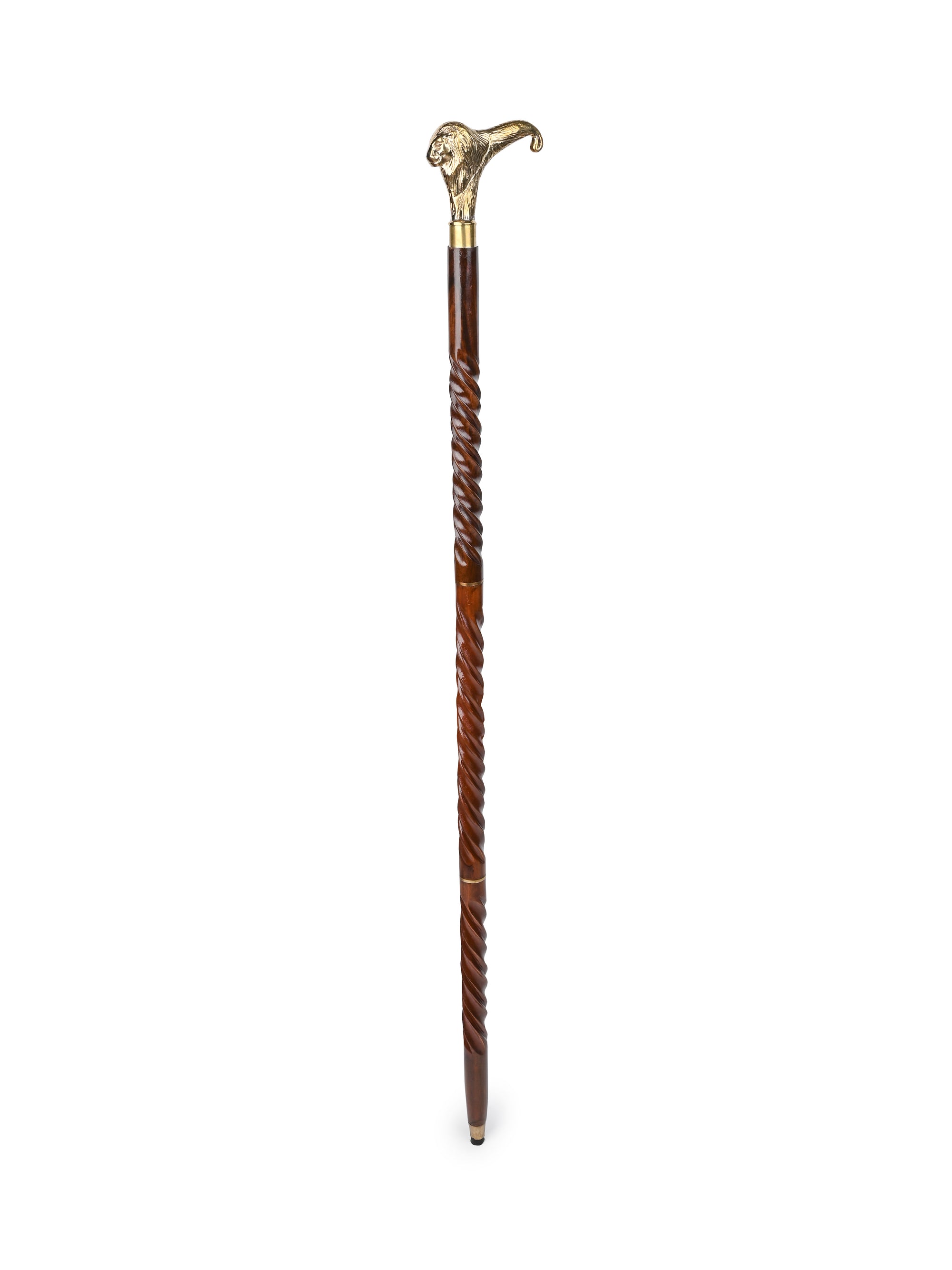 Shisham wood crafted brass lion face handle walking stick / cane - Easily detachable