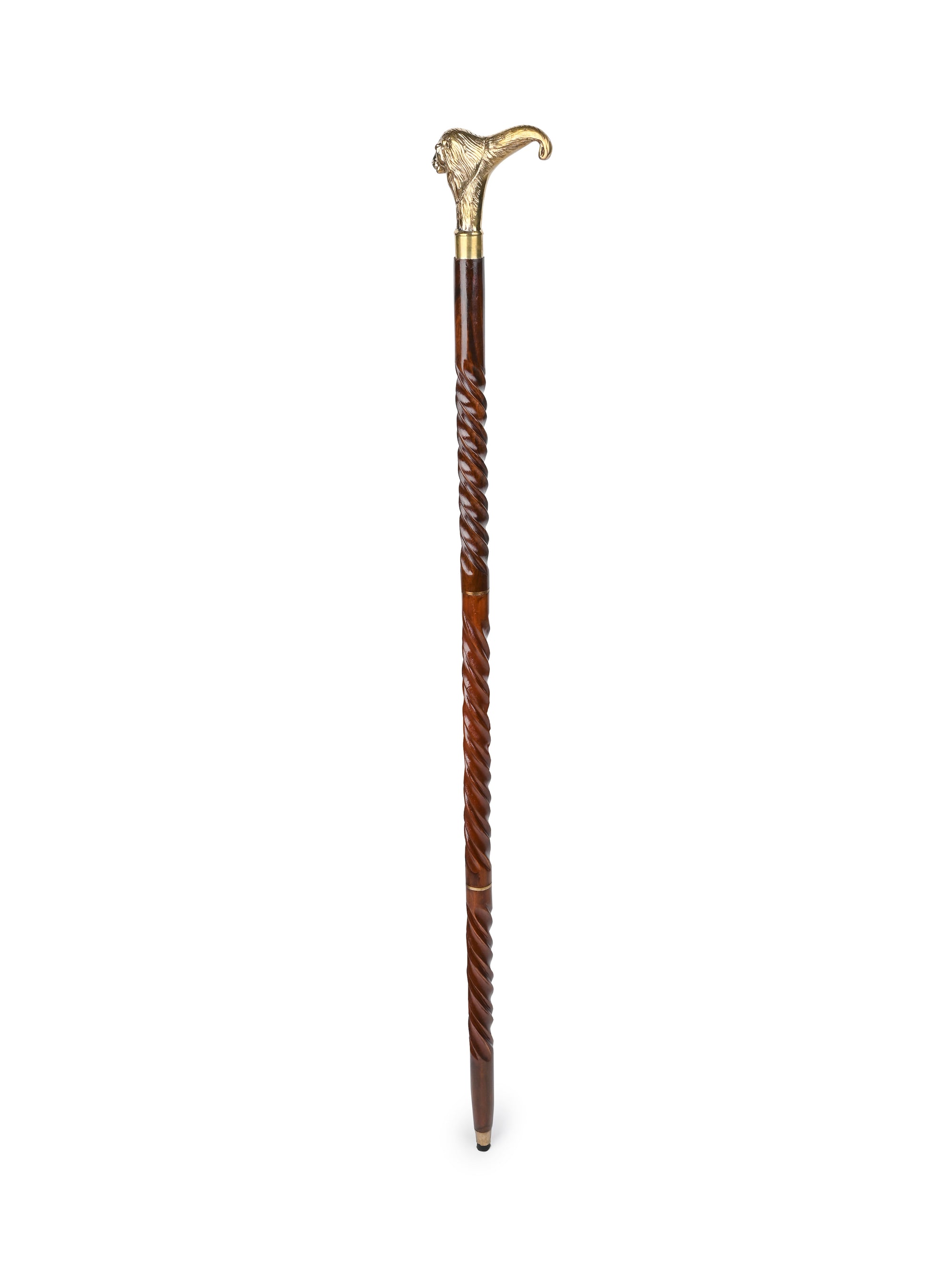 Shisham wood crafted brass lion face handle walking stick - Easily detachable