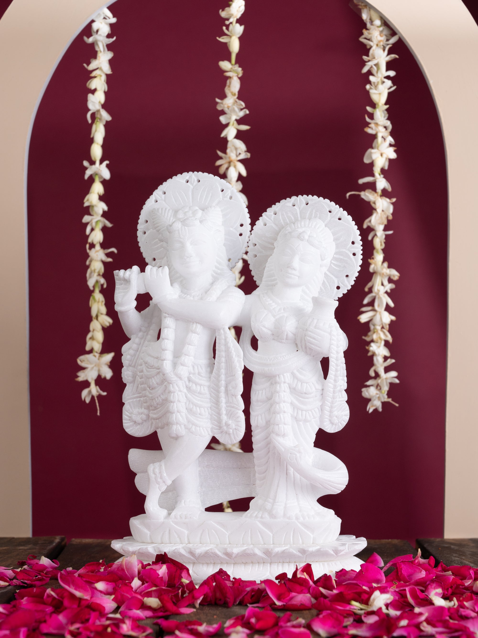 White Marble Stone Crafted Radha Krishna Idol - 10 inches height