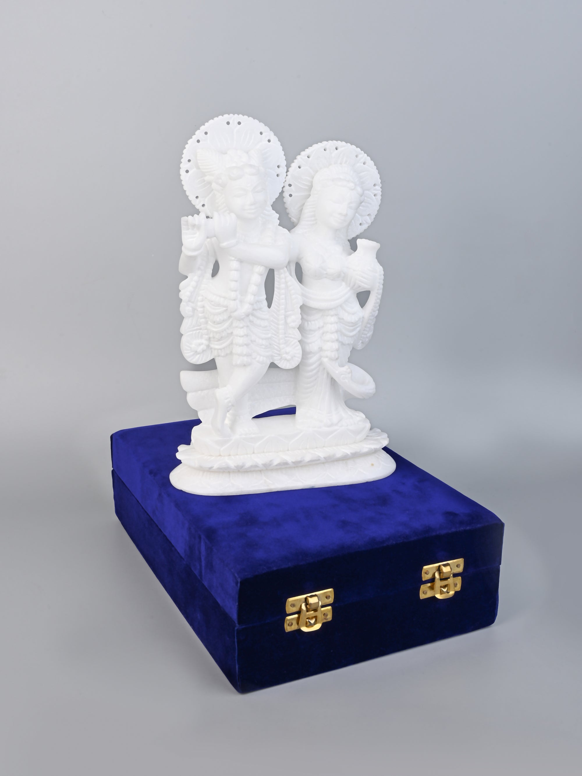 White Marble Stone Crafted Radha Krishna Idol - 10 inches height