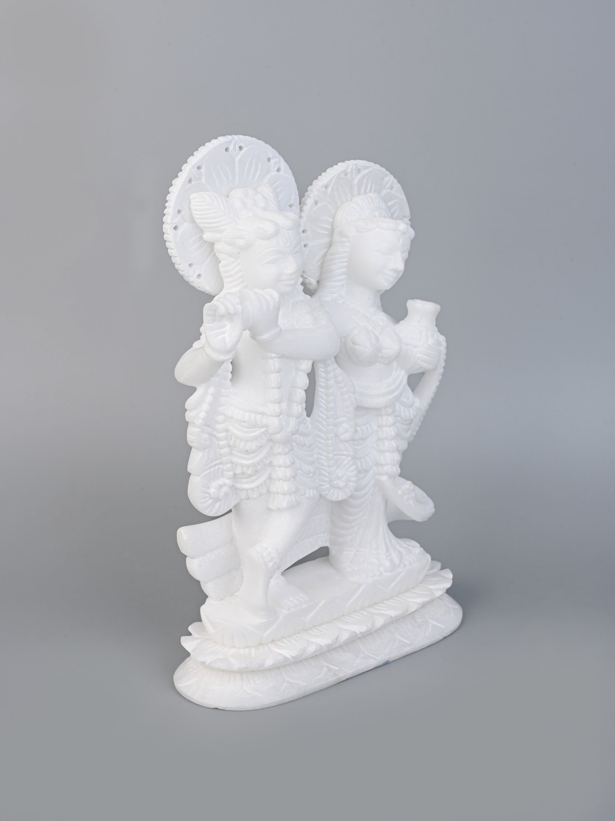 White Marble Stone Crafted Radha Krishna Idol - 10 inches height