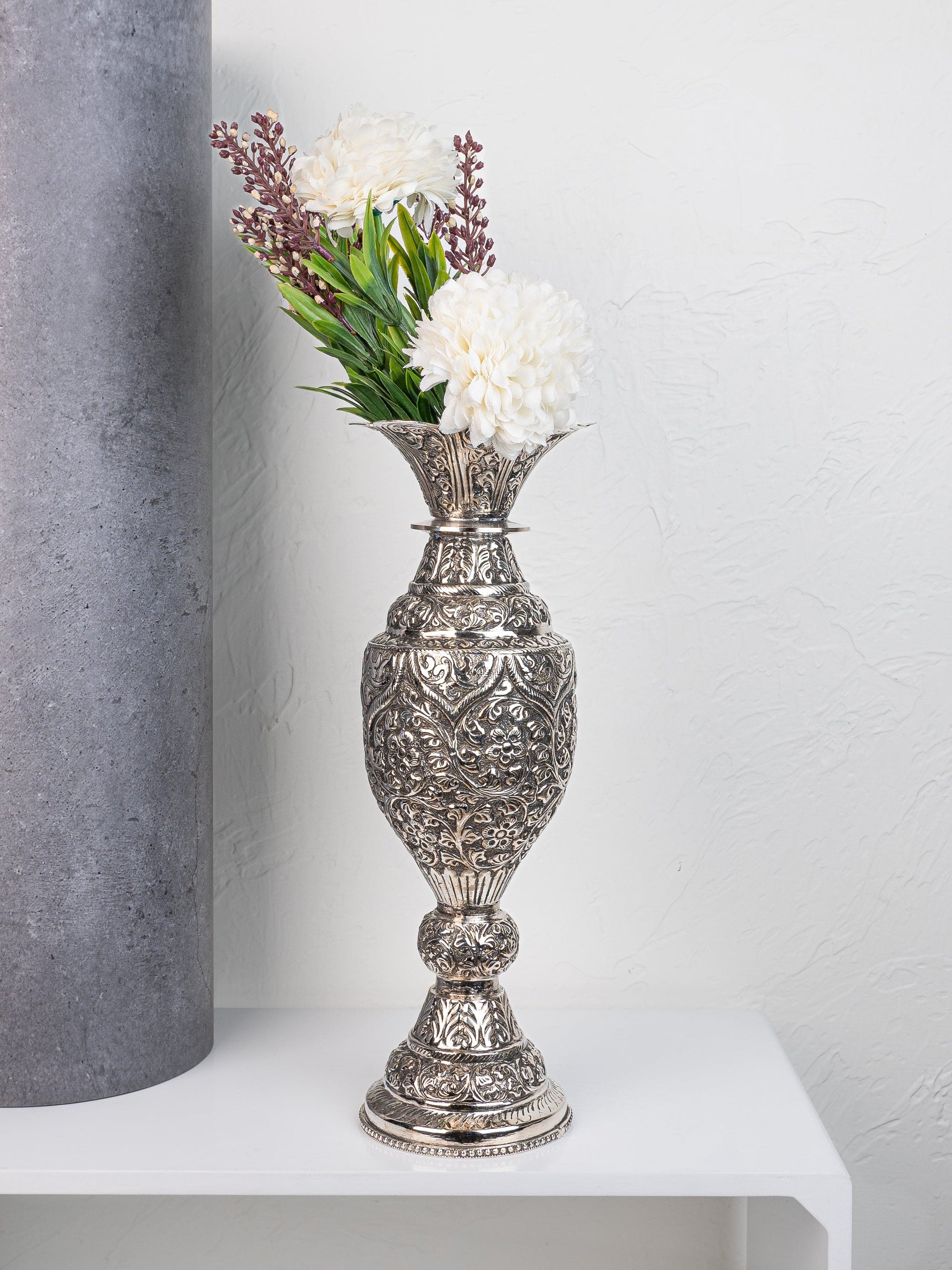 Antique Finish Oxidized Silver Stylish Flower Vase for Home Office Decor - 12 inches