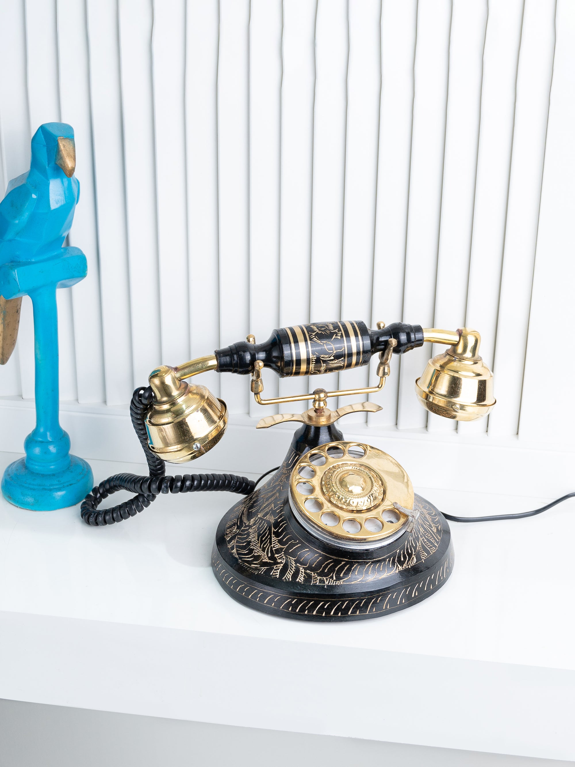 Brass Crafted Black and Gold Rotary Dial Phone for Home Office Decor