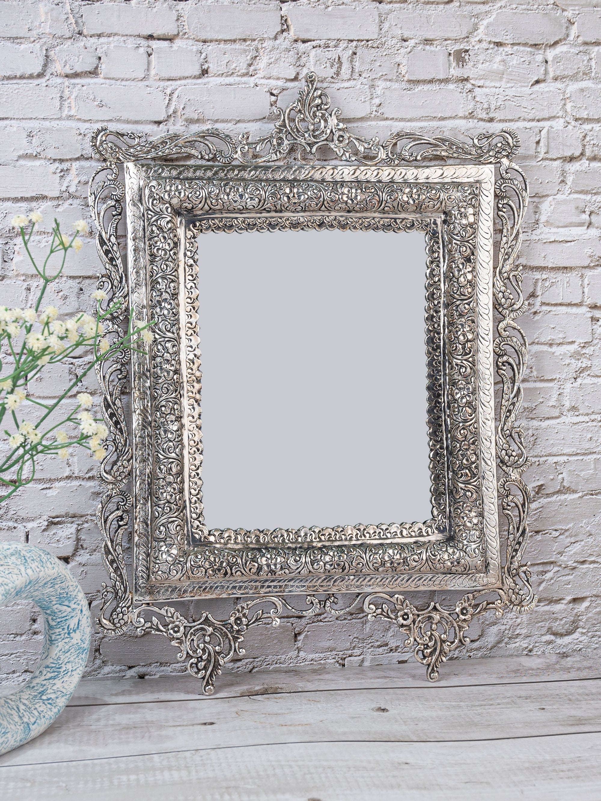 Oxidized Silver Finish Vintage Charm Rectangular Wall Mirror - 16 inches