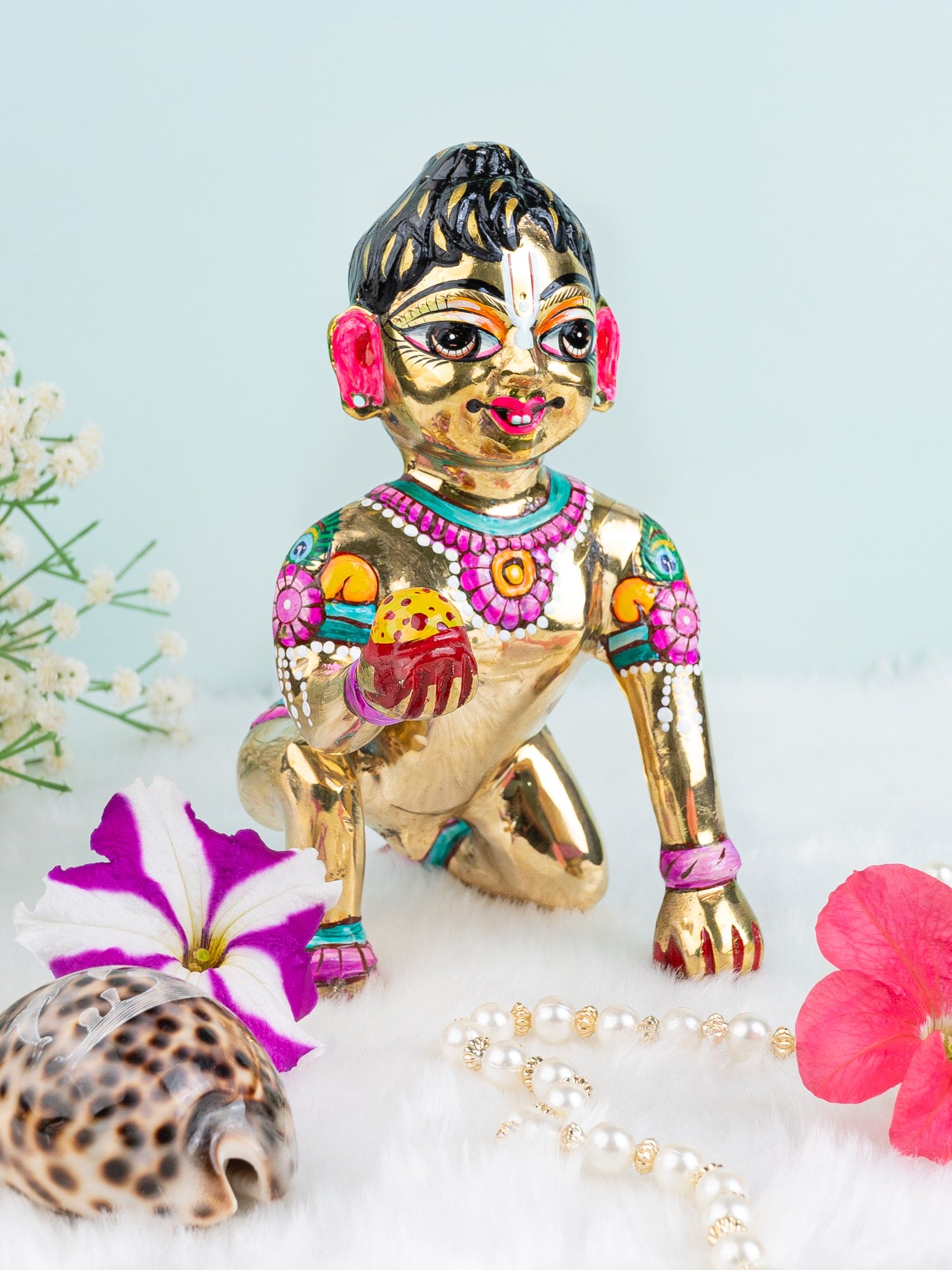 Brass Crafted Idol of Lord Krishna / Bal Gopal / Laddoo Gopal - 8 inches