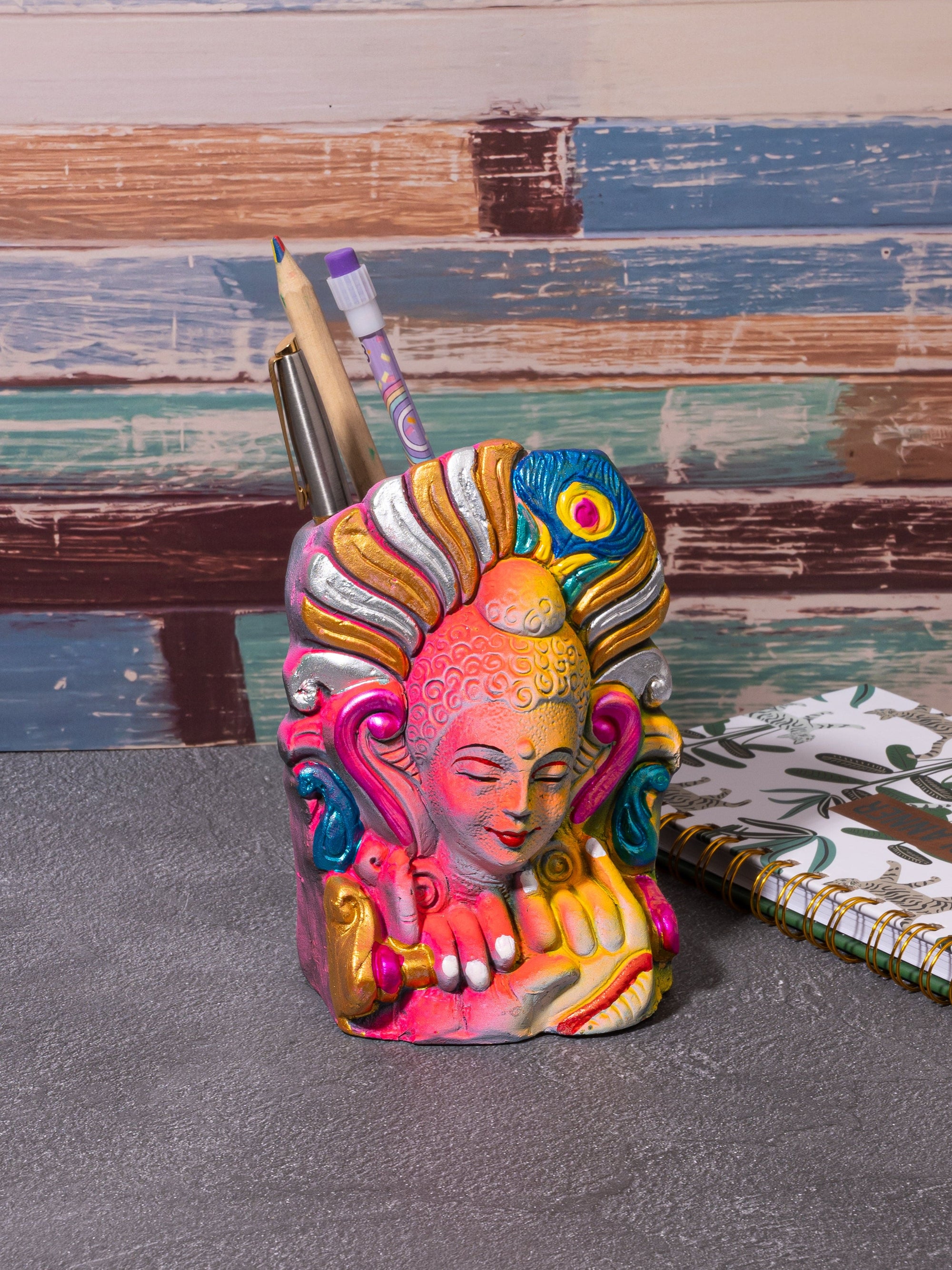 Terracotta Handcrafted Modern Krishna Design Colorful Pen stand