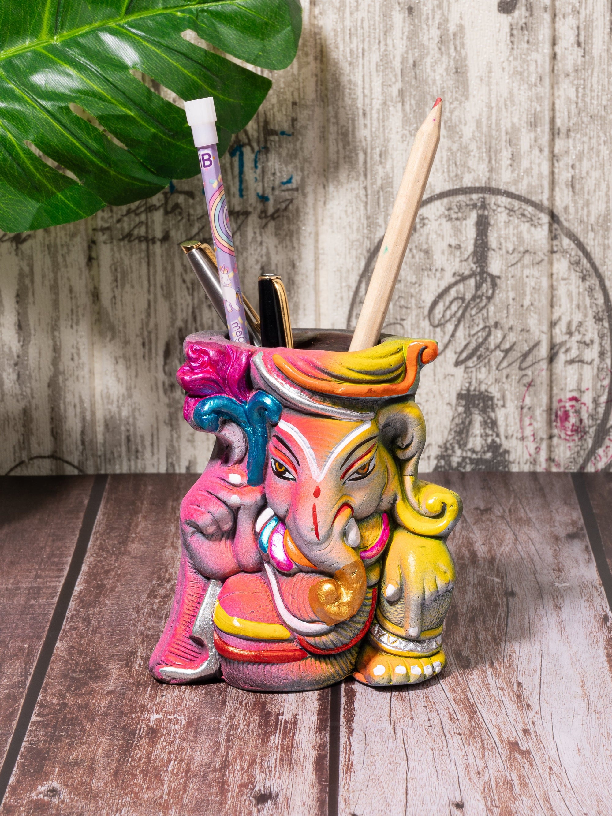 Terracotta Handcrafted Colorful Lord Ganesh Pen / Pencil Holder