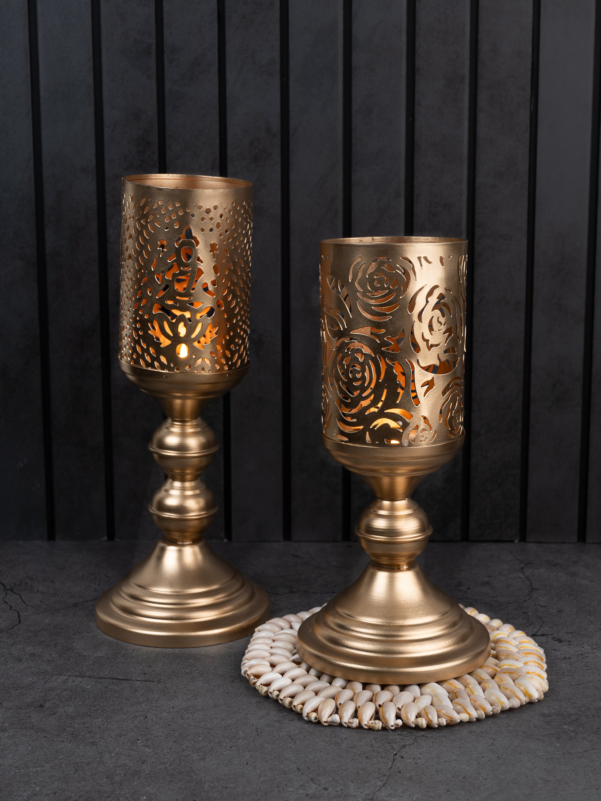 Set of 2 Cylindrical Metal Candle Holders with Cutwork design on the Body