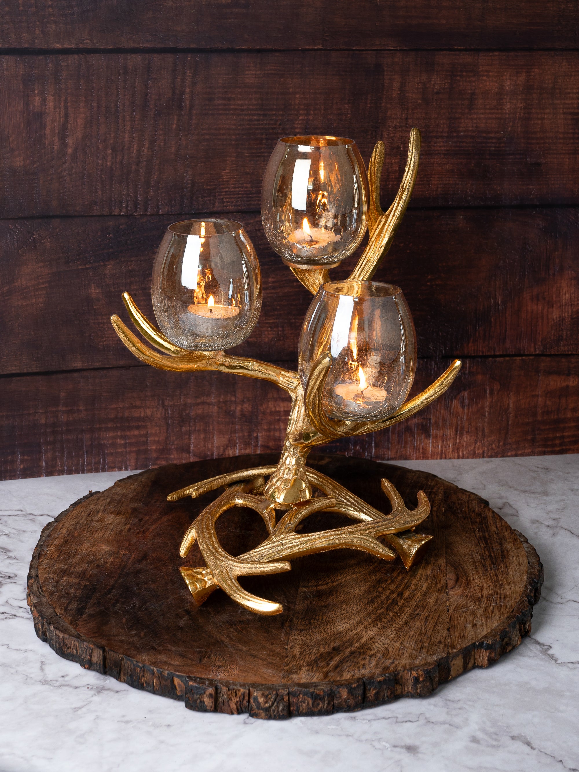 3 piece Glass Candle Holder on a Abstract Branches Design Stand - 12 inches
