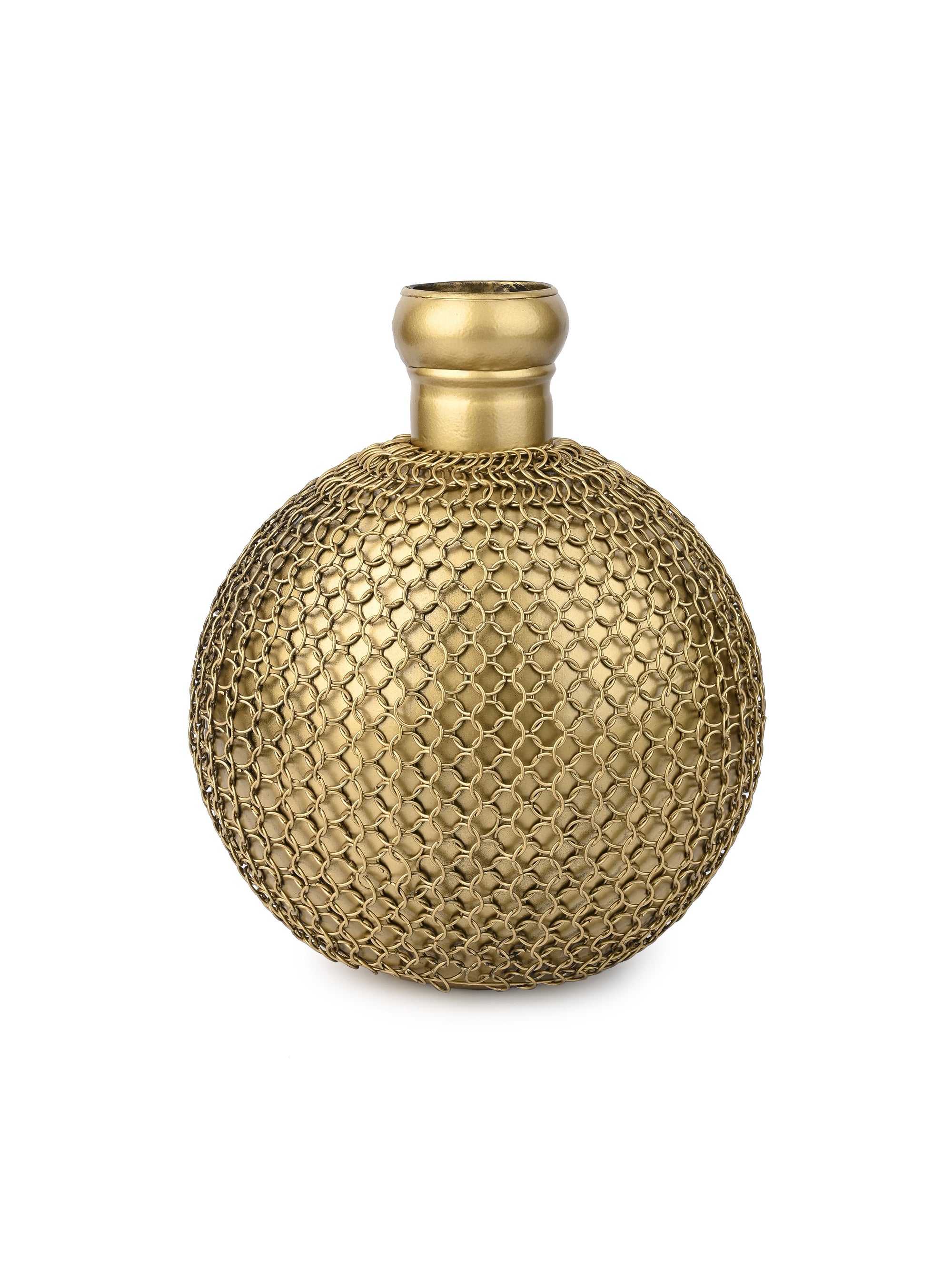 Metal Crafted Golden Vase covered with Chain Mesh - 12 inches