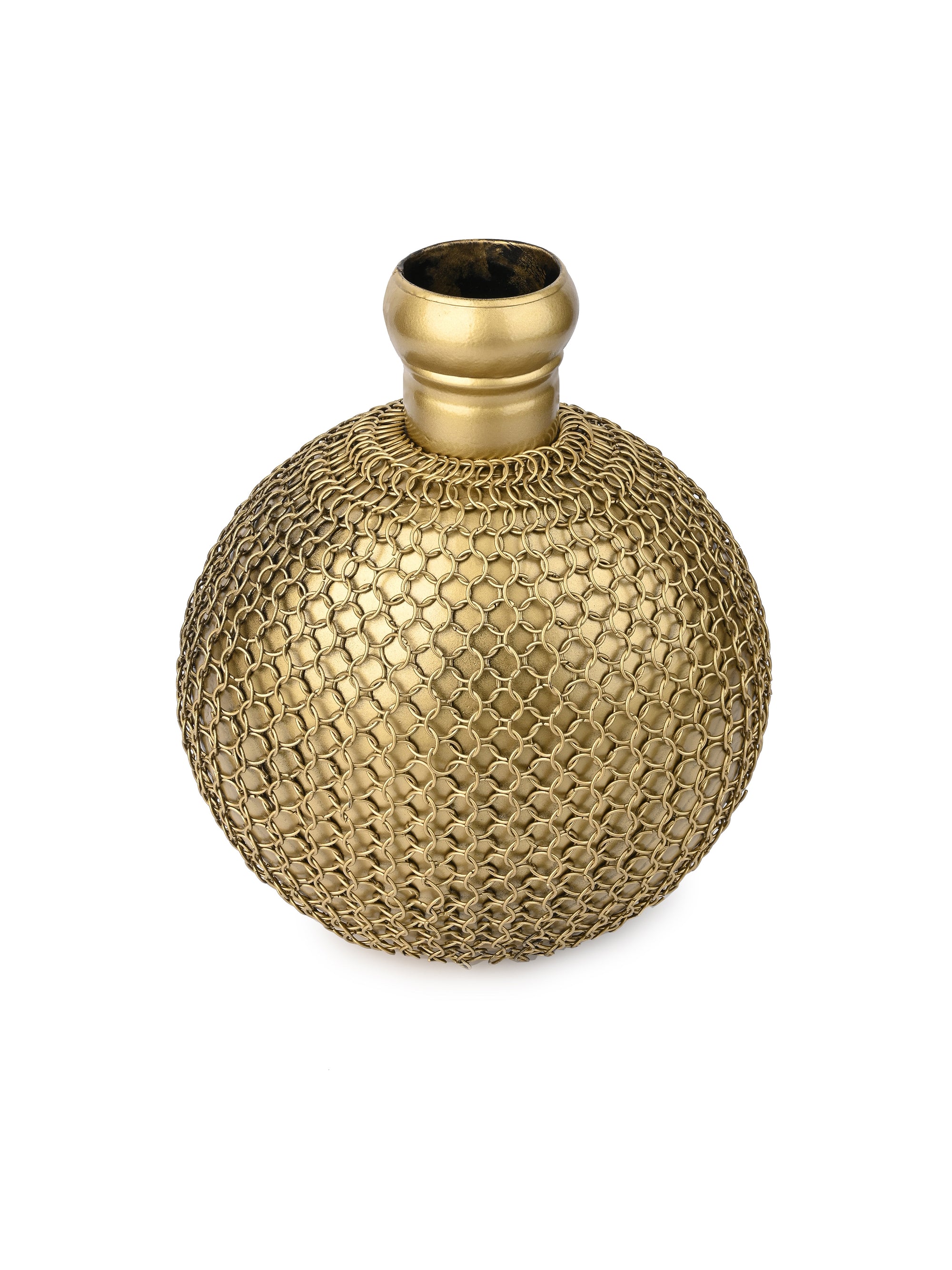 Metal Crafted Golden Vase covered with Chain Mesh - 12 inches