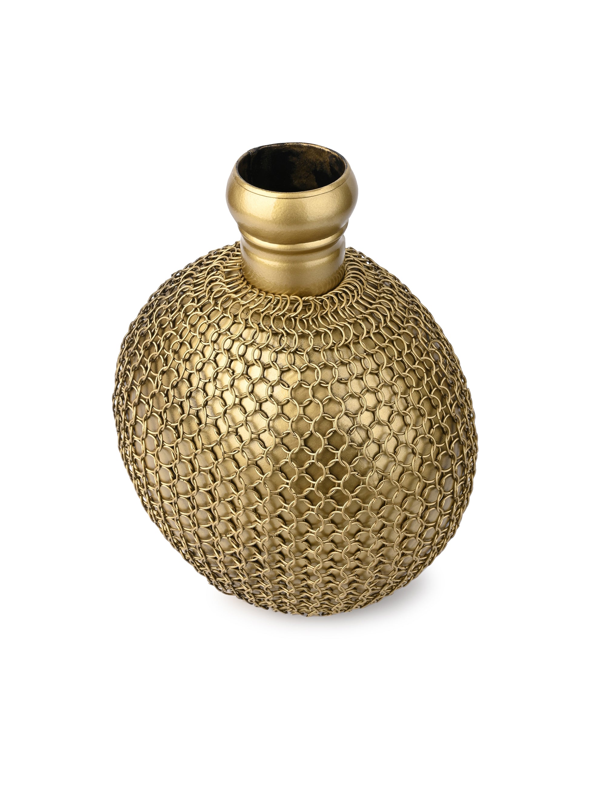 Metal Crafted Golden Vase covered with Chain Mesh - 12 inches