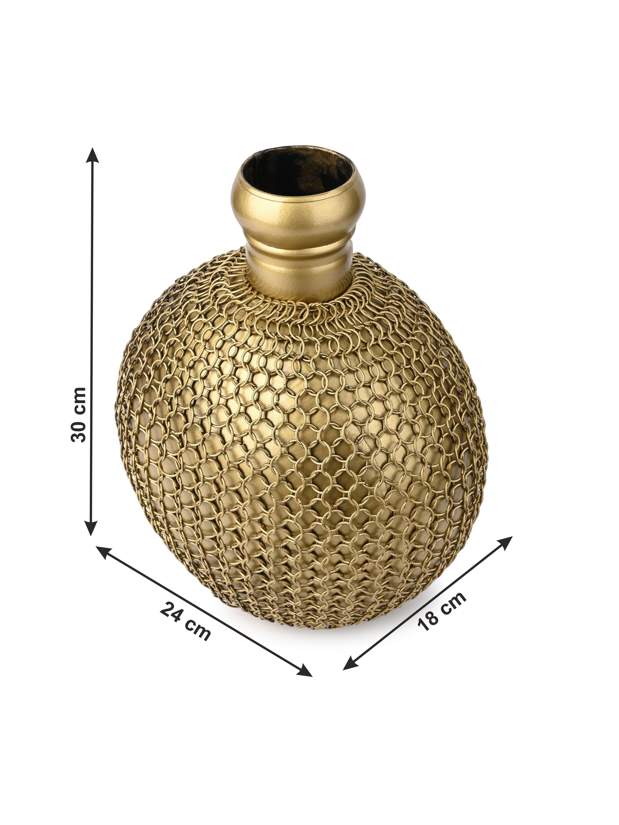 Metal Crafted Golden Vase covered with Chain Mesh - 12 inches