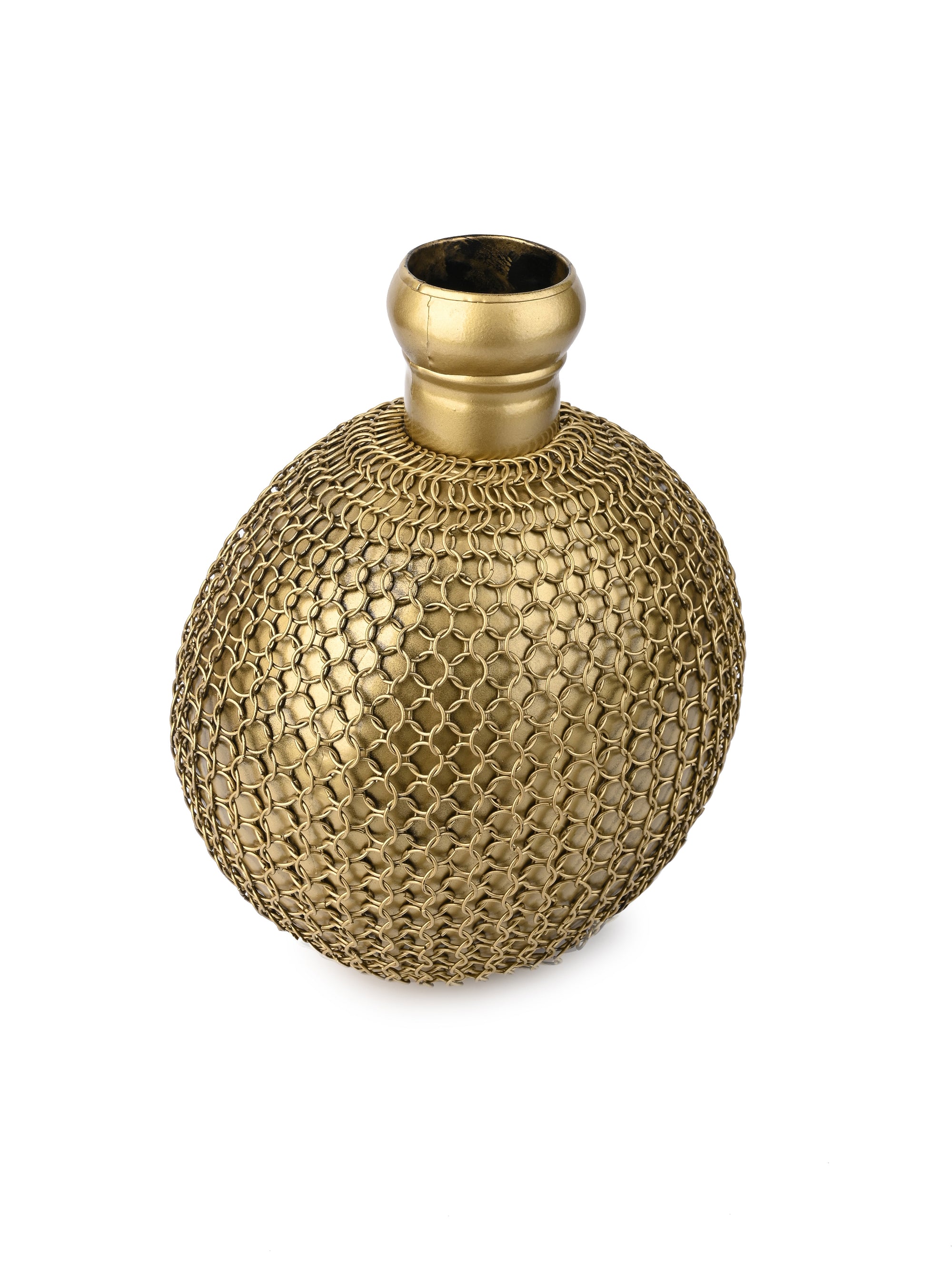 Metal Crafted Golden Vase covered with Chain Mesh - 12 inches