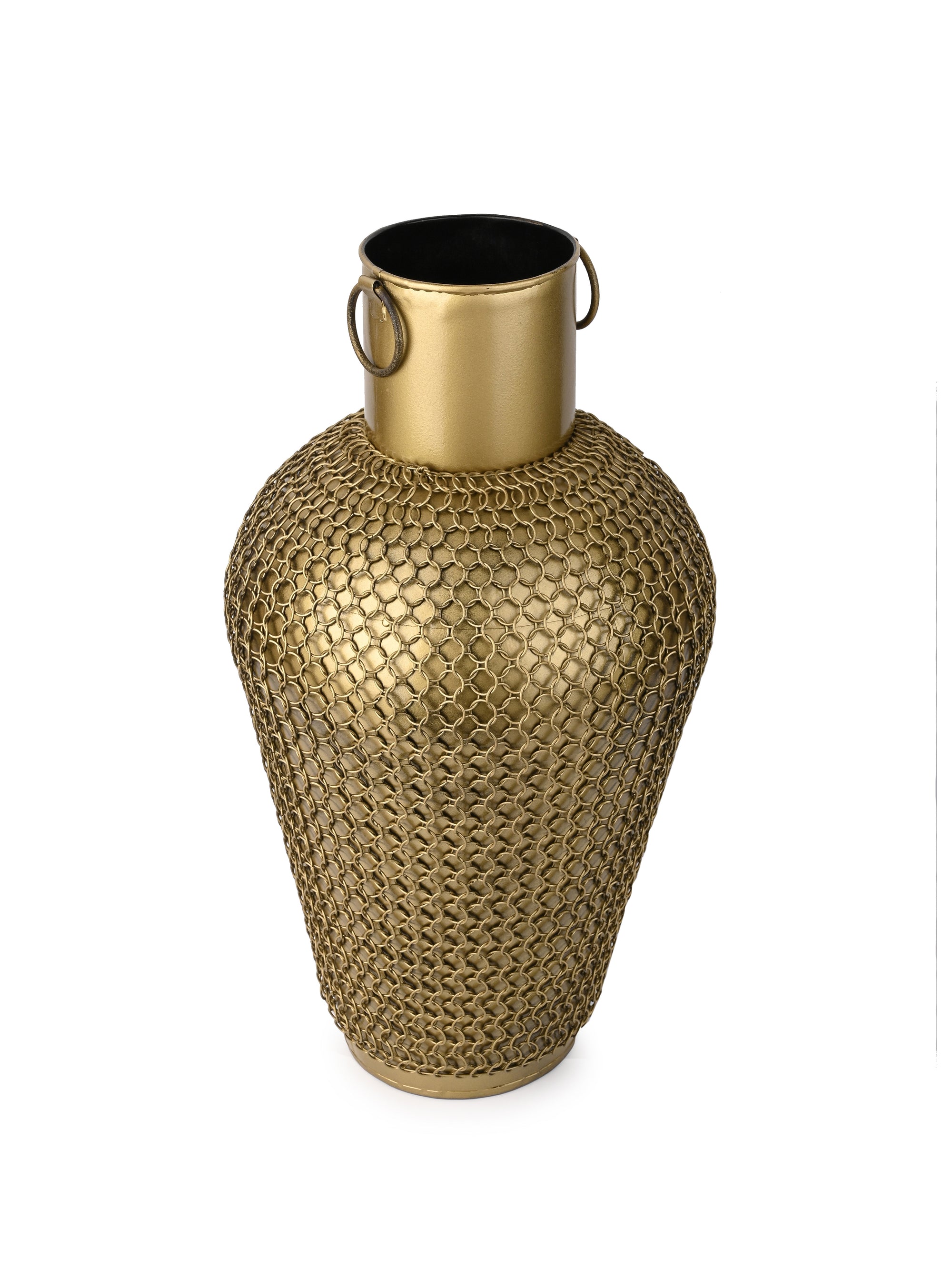 Metal Crafted Gold Tall Pot Covered with Chain Mesh for Home Decor - 18 inches