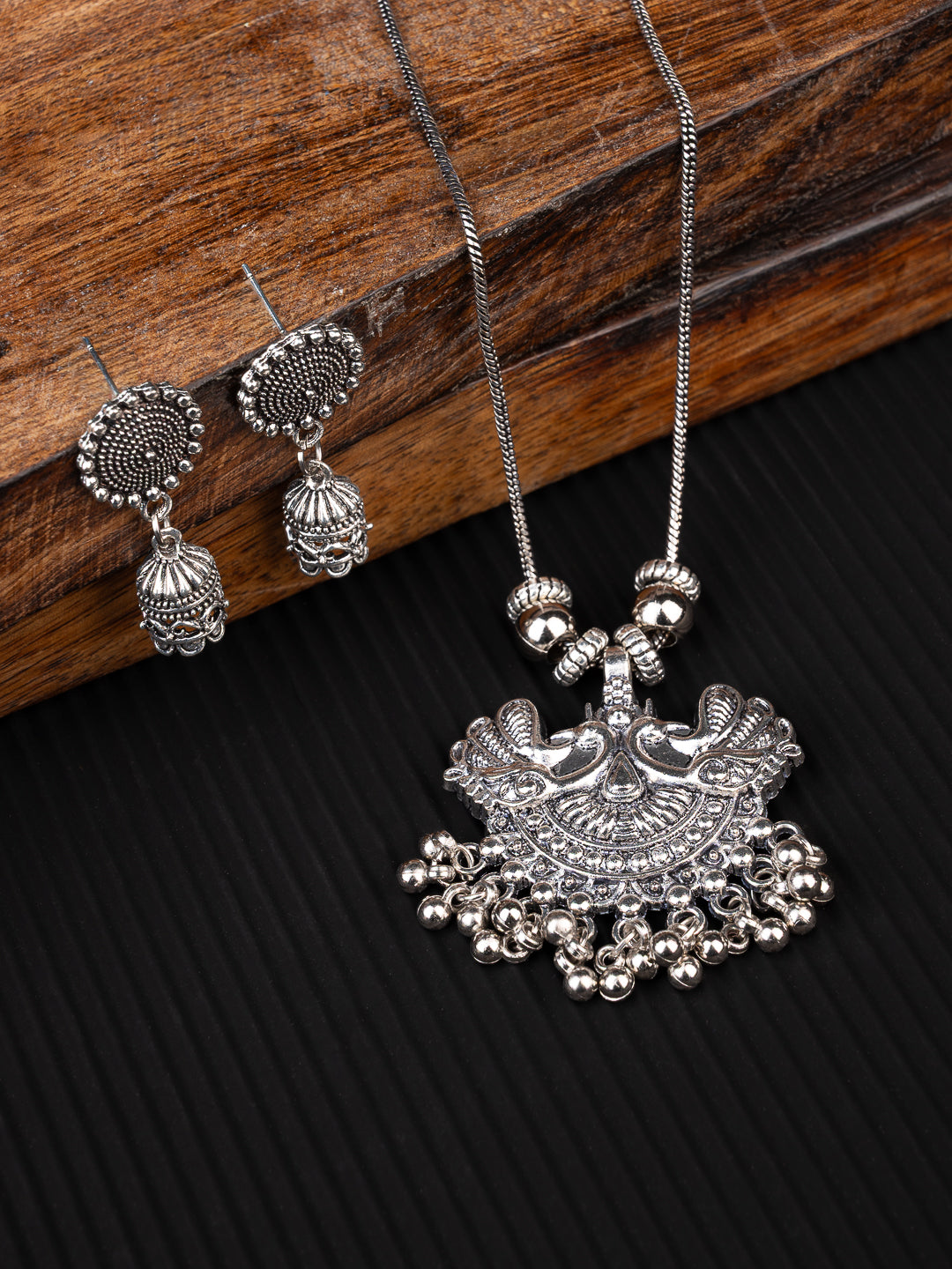 MAURYANA - Oxidised silver pair of peacock pendant necklace set with earrings - one size
