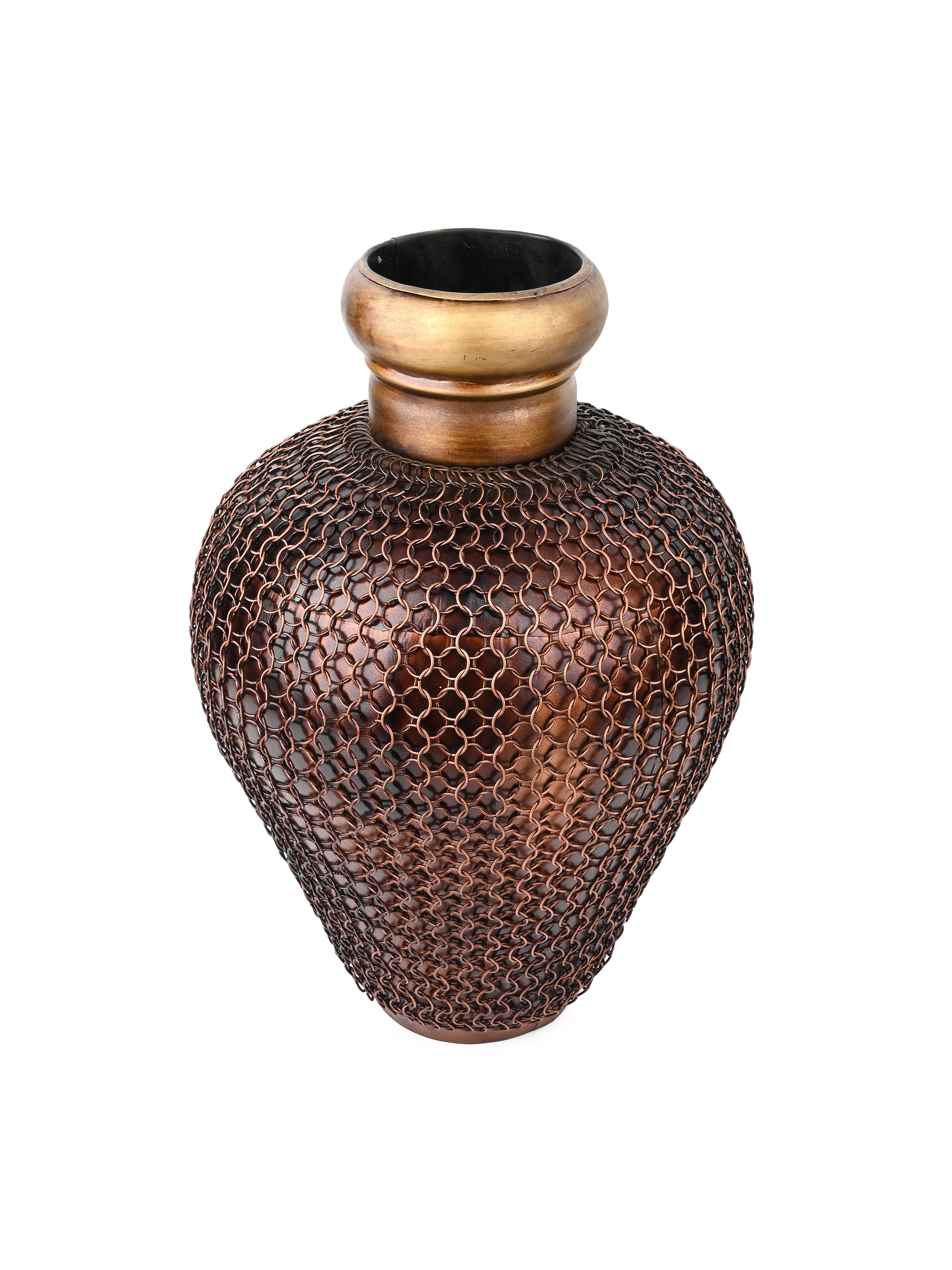 Dual Tone Metal Pot Covered with Chain Mesh for Home Decor - 16 inches