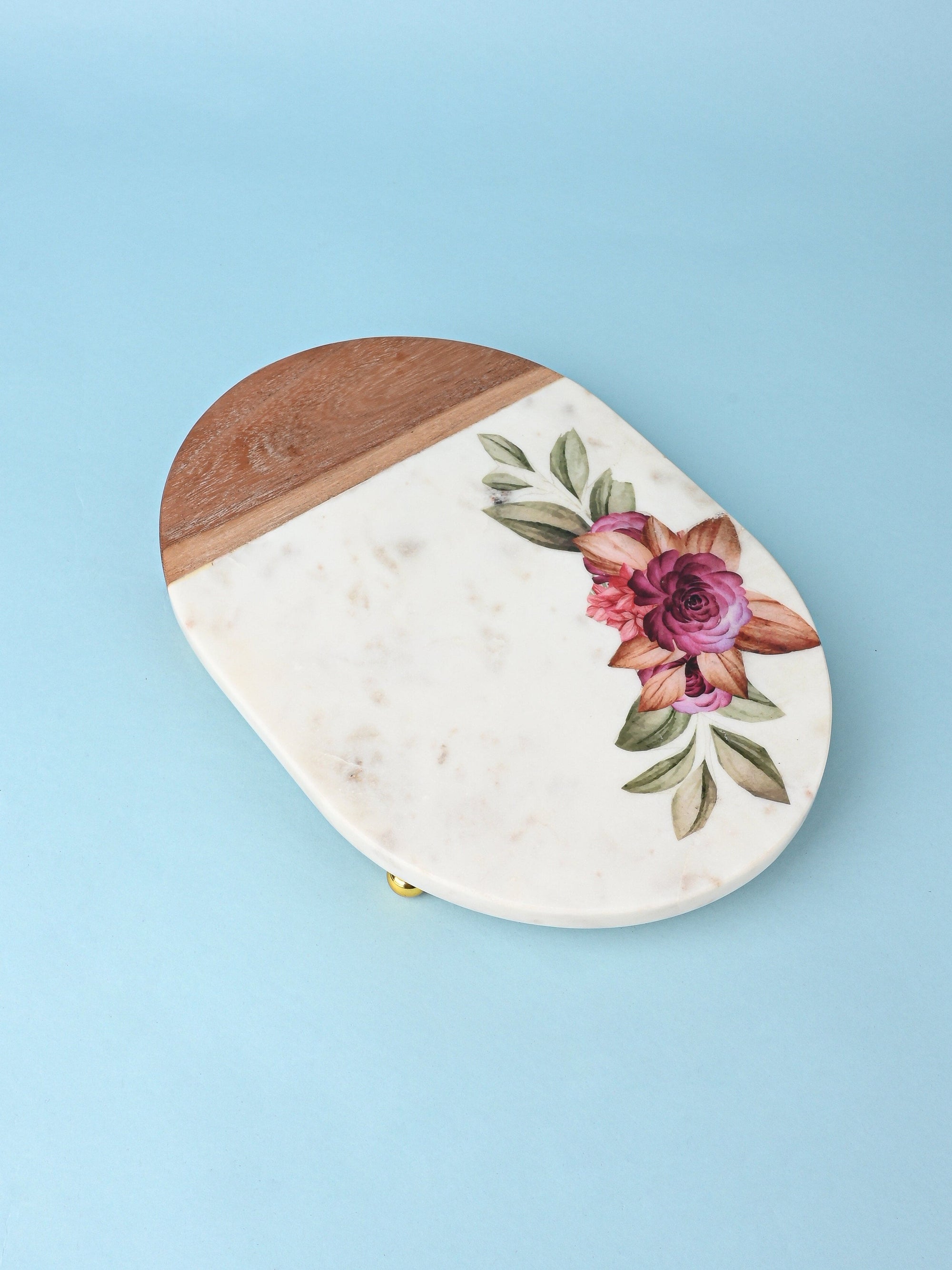 Printed Serving Tray Made of Marble and Wood with Stylish Metal Legs
