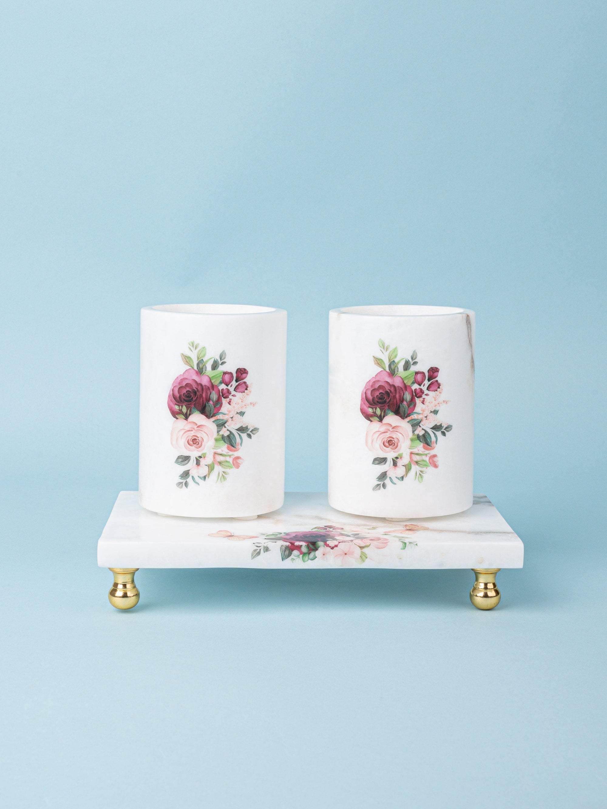 Marble Printed Set of 2 Cutlery Holder on a Rectangular Plate with Golden Legs