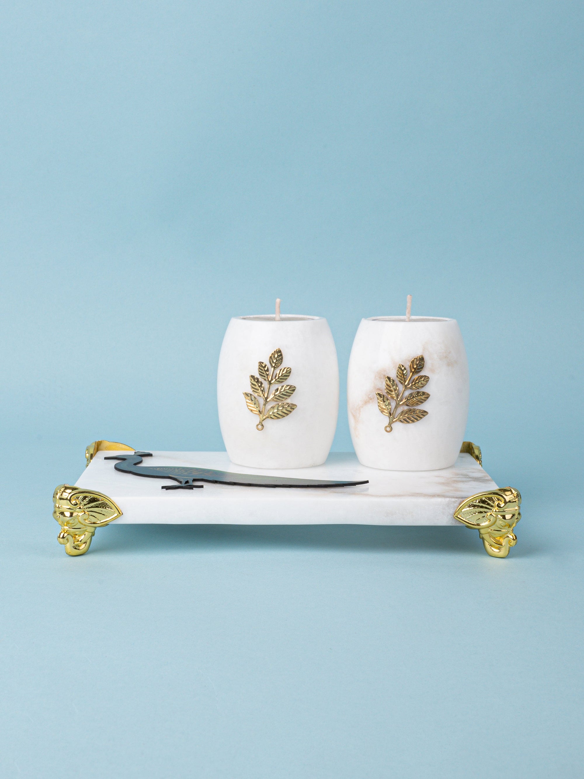 Set of 2 Tea light Candle Holders in a Rectangular Peacock Tray with Golden Legs