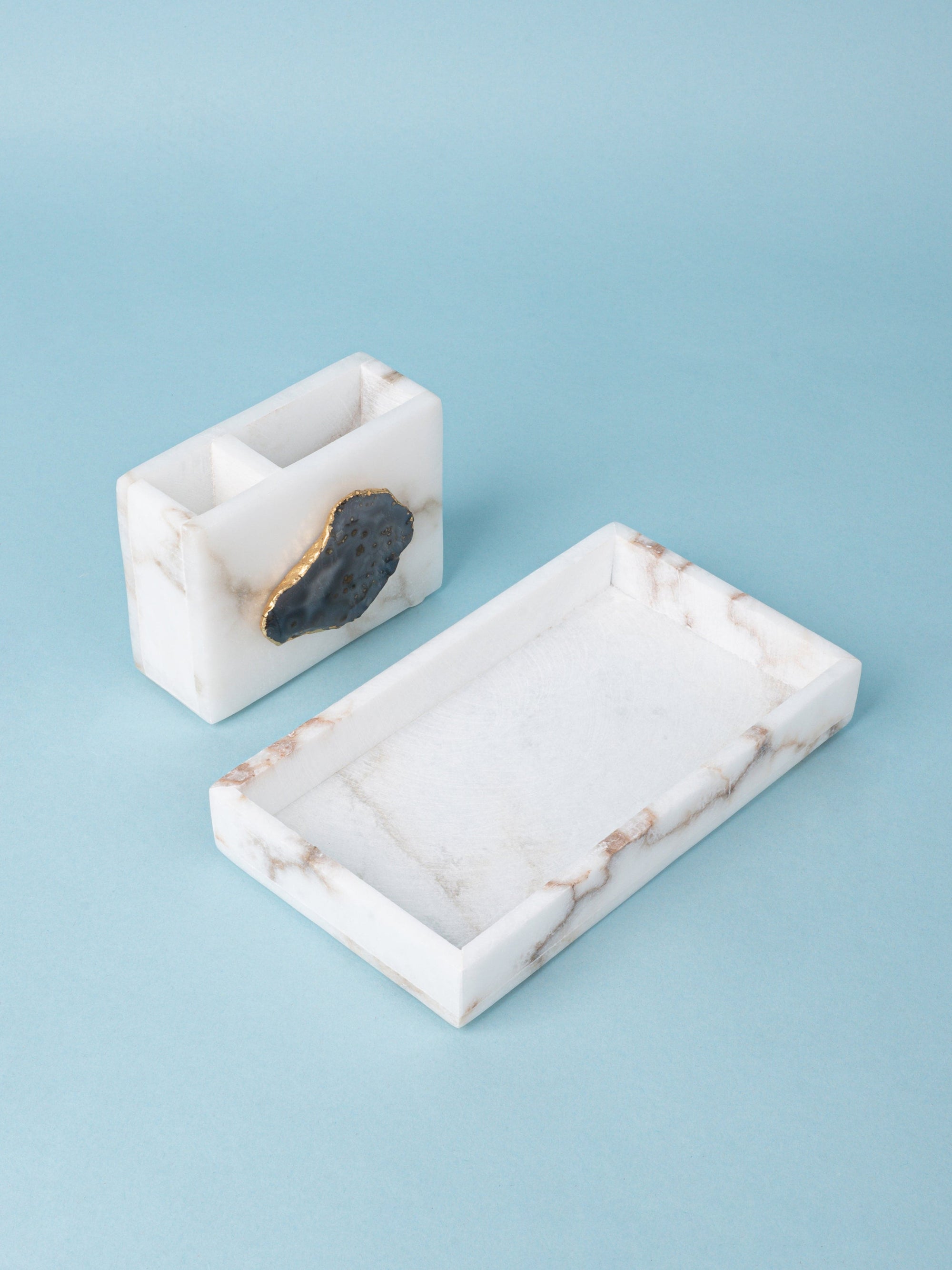2 Sectional Pen Stand with Agate Stone Design on a Rectangular Tray - Office Organiser