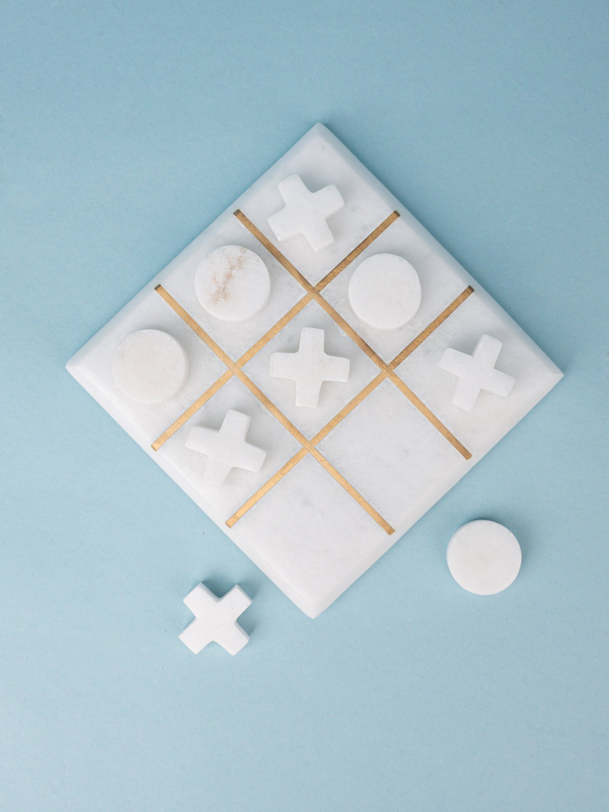 White Marble Tic Tac Toe with Brass Inlay Partitions