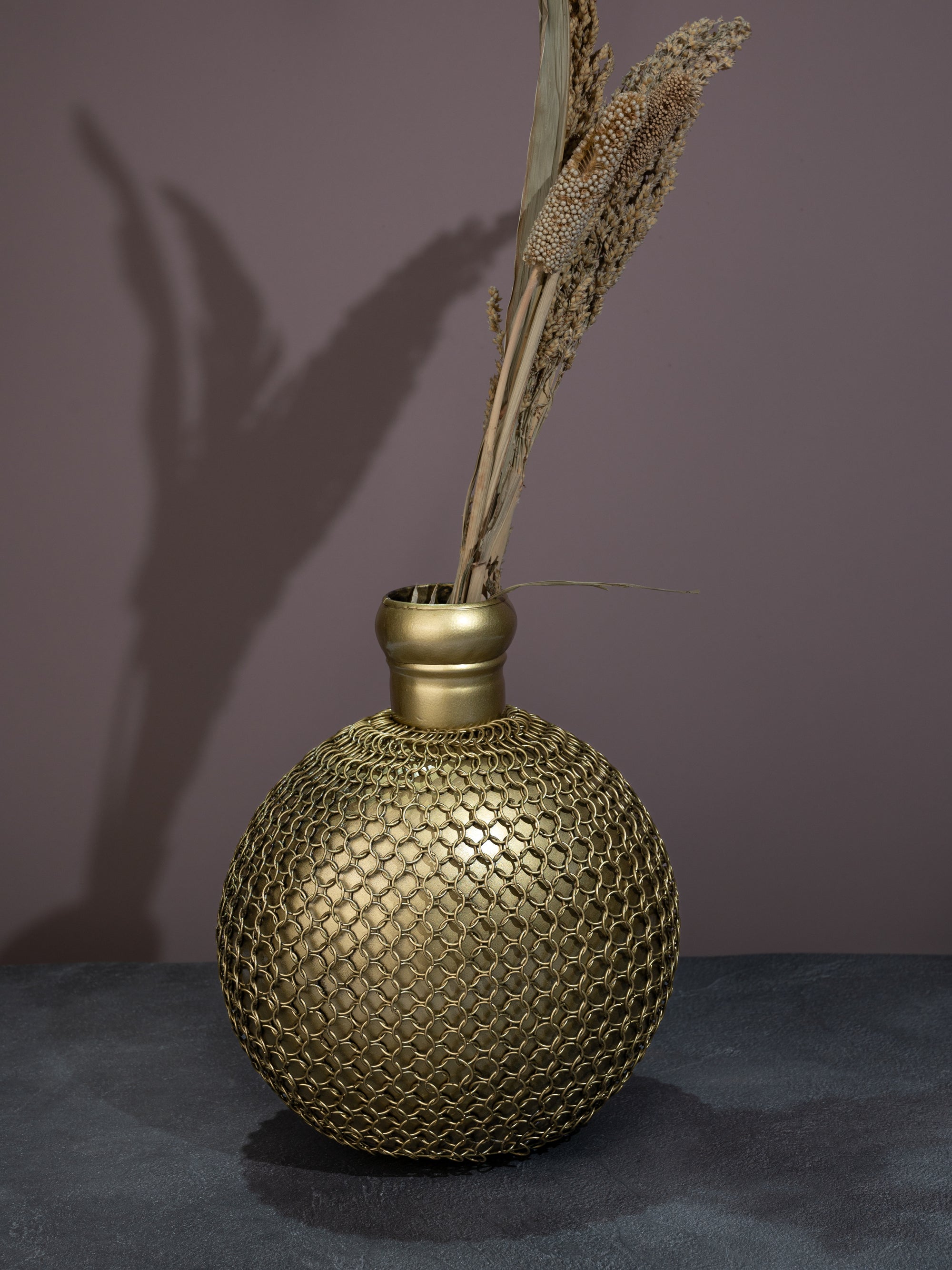 Metal Crafted Golden Vase covered with Chain Mesh - 12 inches