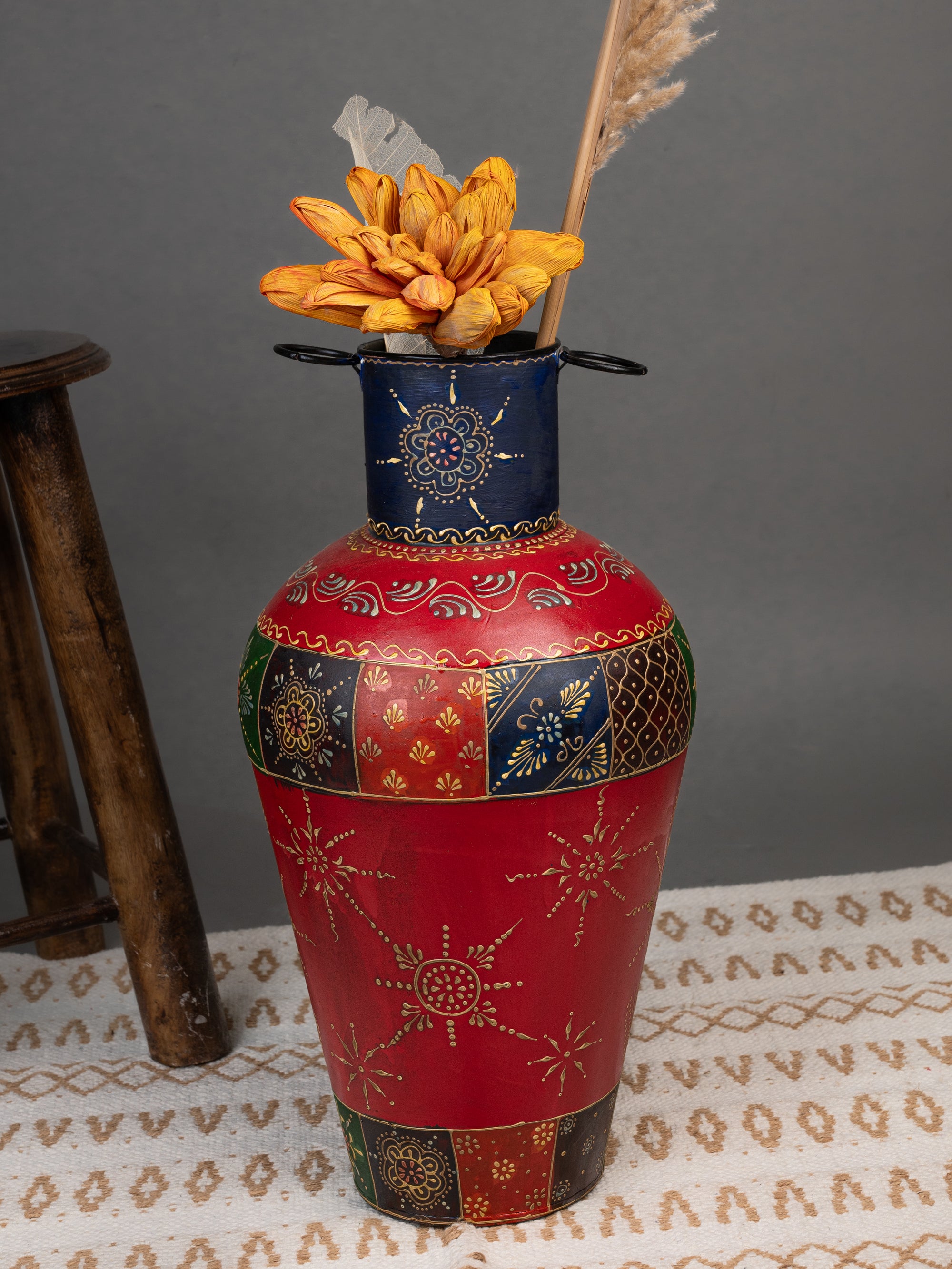 Metal Crafted Rustic Painted Tall Flower Pot for Home Decor - 18 inches