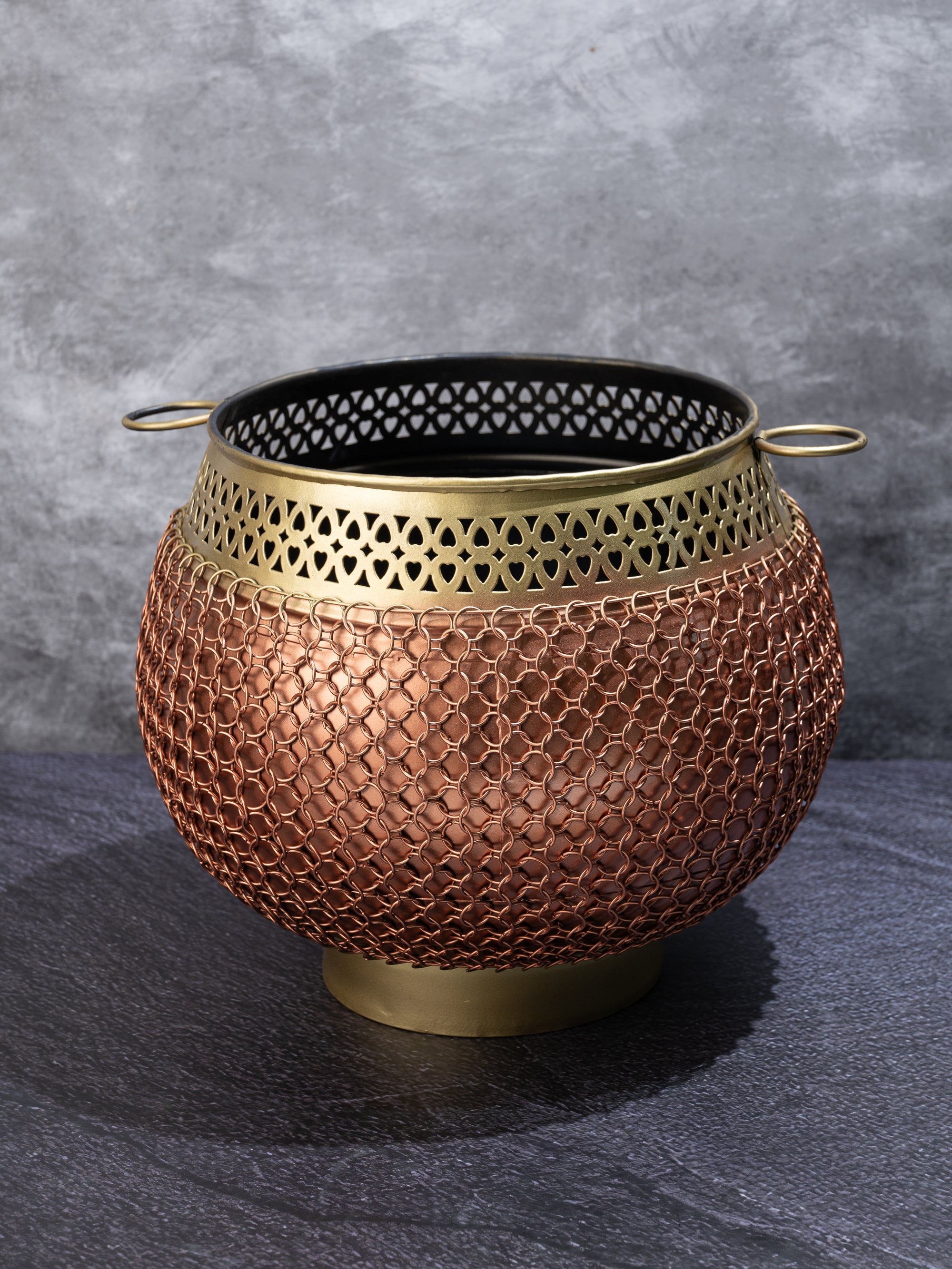 Dual tone Metal Pot / Planter Covered with Chain Mesh for Home decor - 10 inches