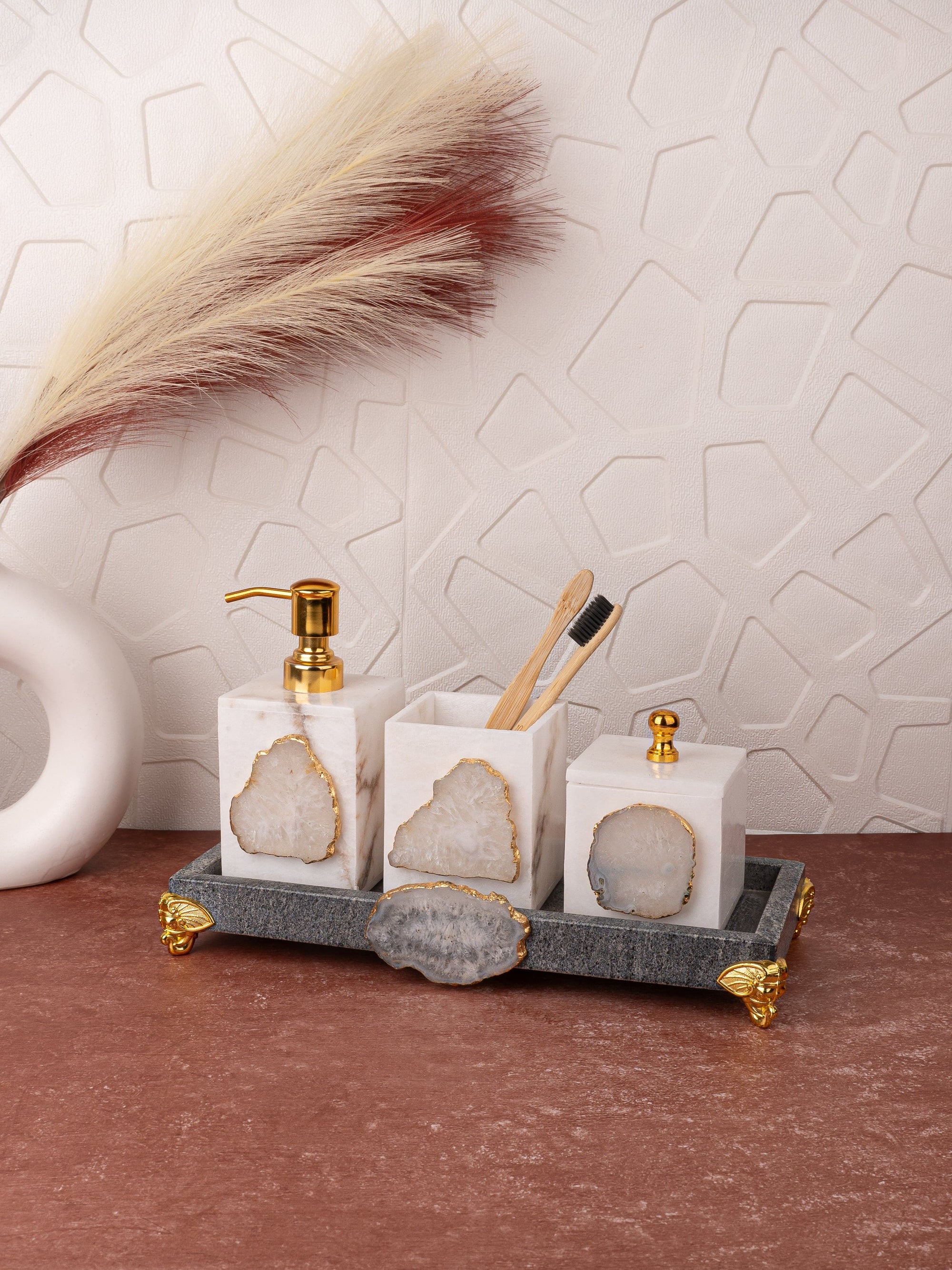 4 Pieces Bathroom Accessories Set with Agate Stone Decor