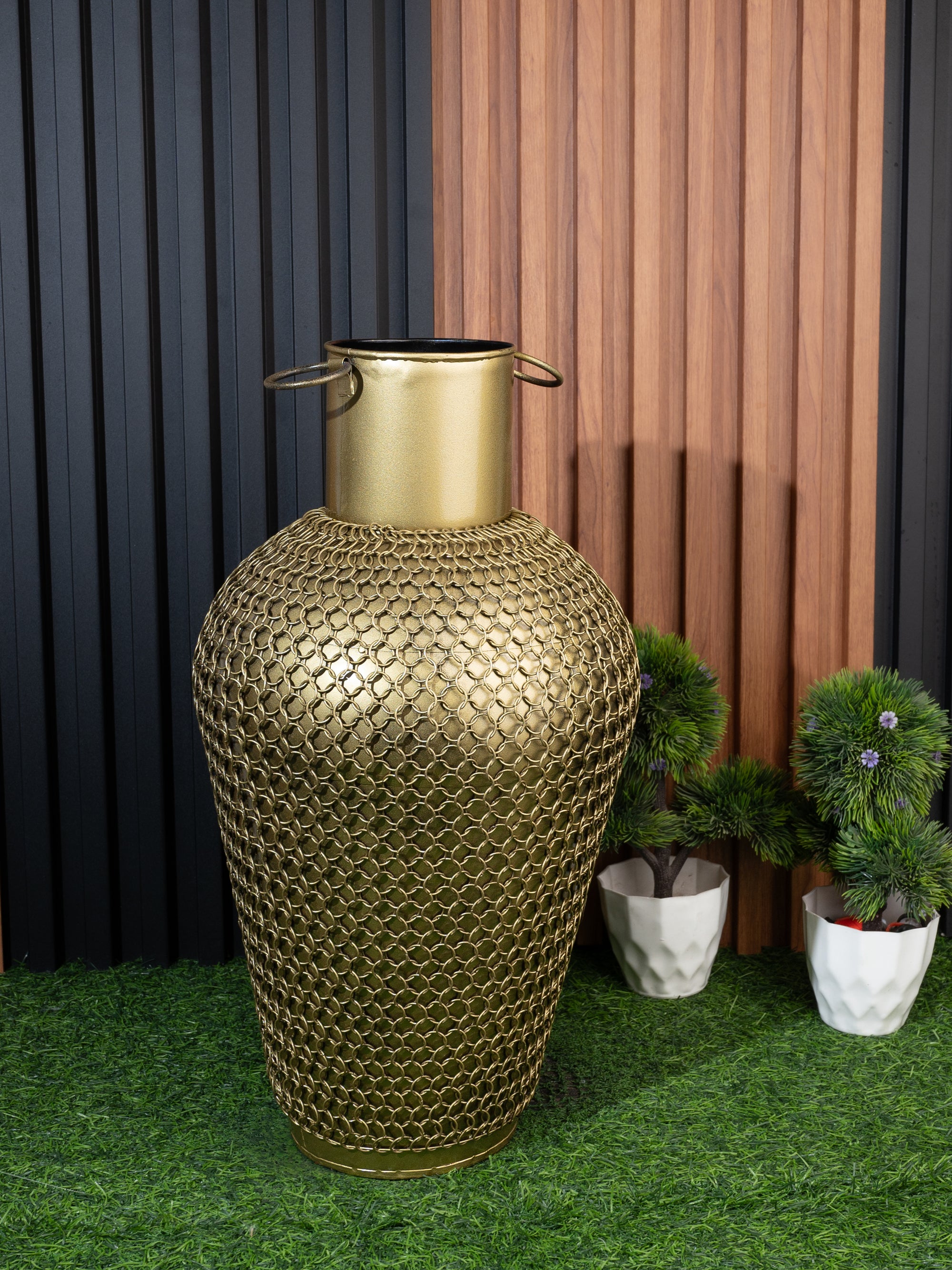 Metal Crafted Gold Tall Pot Covered with Chain Mesh for Home Decor - 18 inches