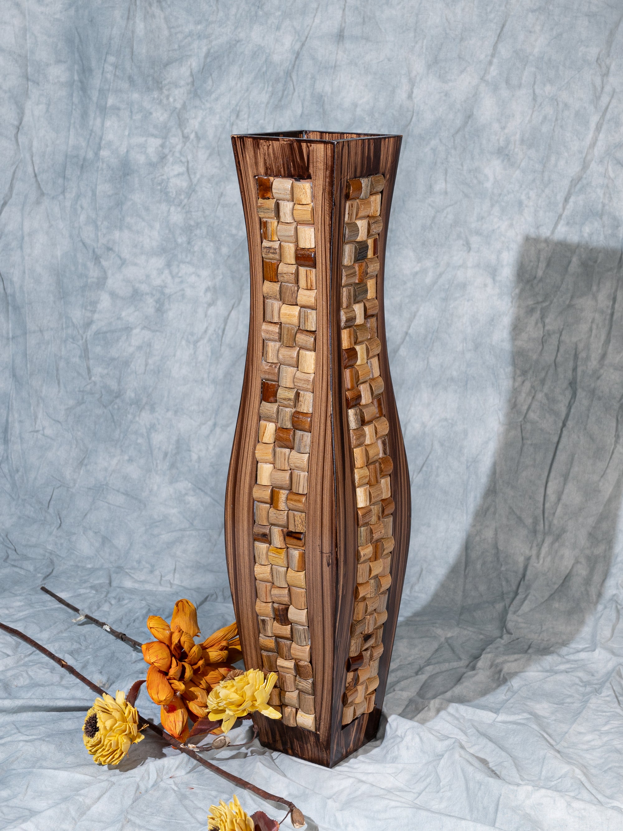 Tall Mosaic Design Wooden Flower Vase for Home Office Decor - 2 feet Height