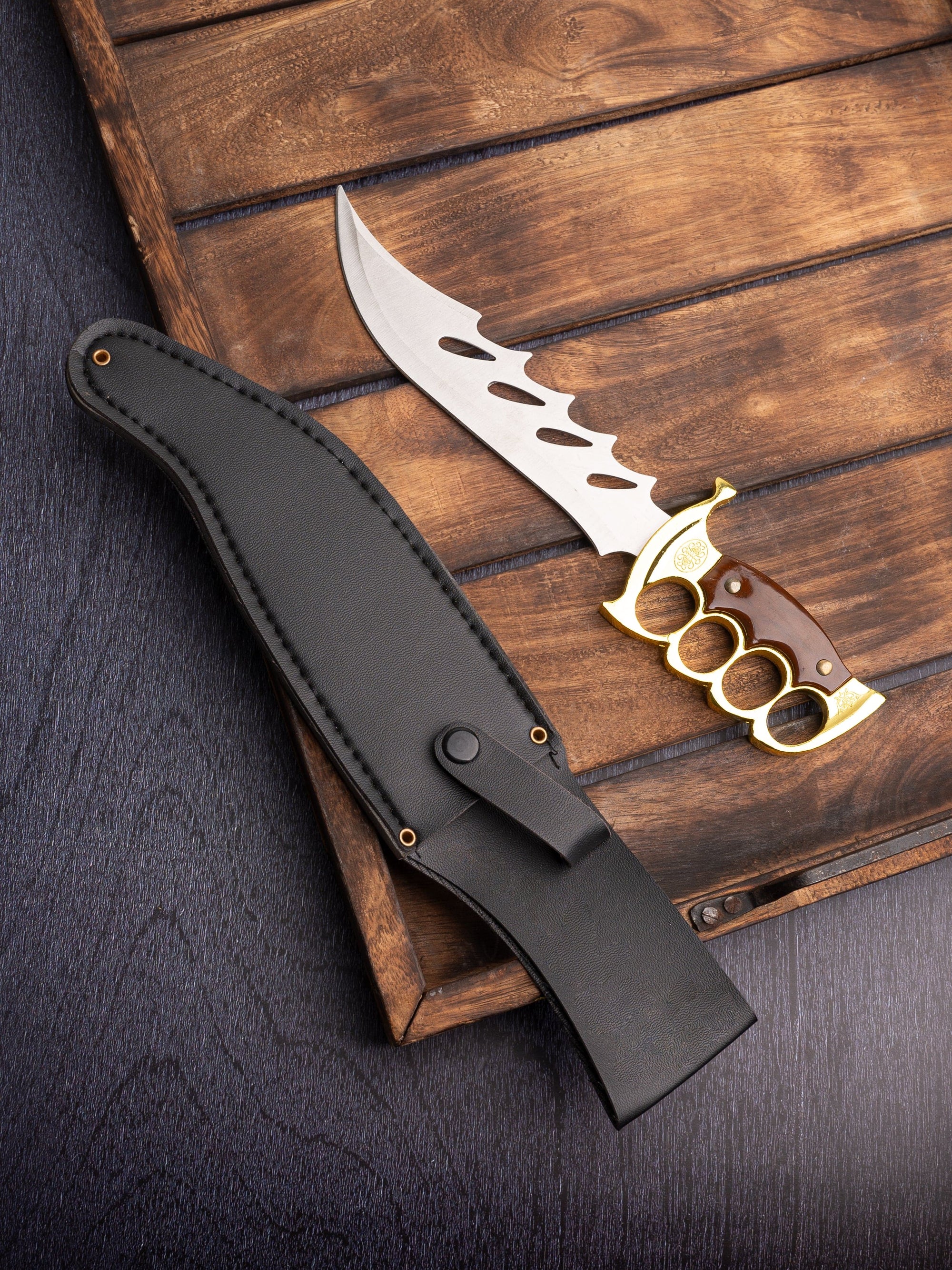 12" Hunting Knife / Dagger in a Black Leather Case with Golden Grip Handle for Home Decor