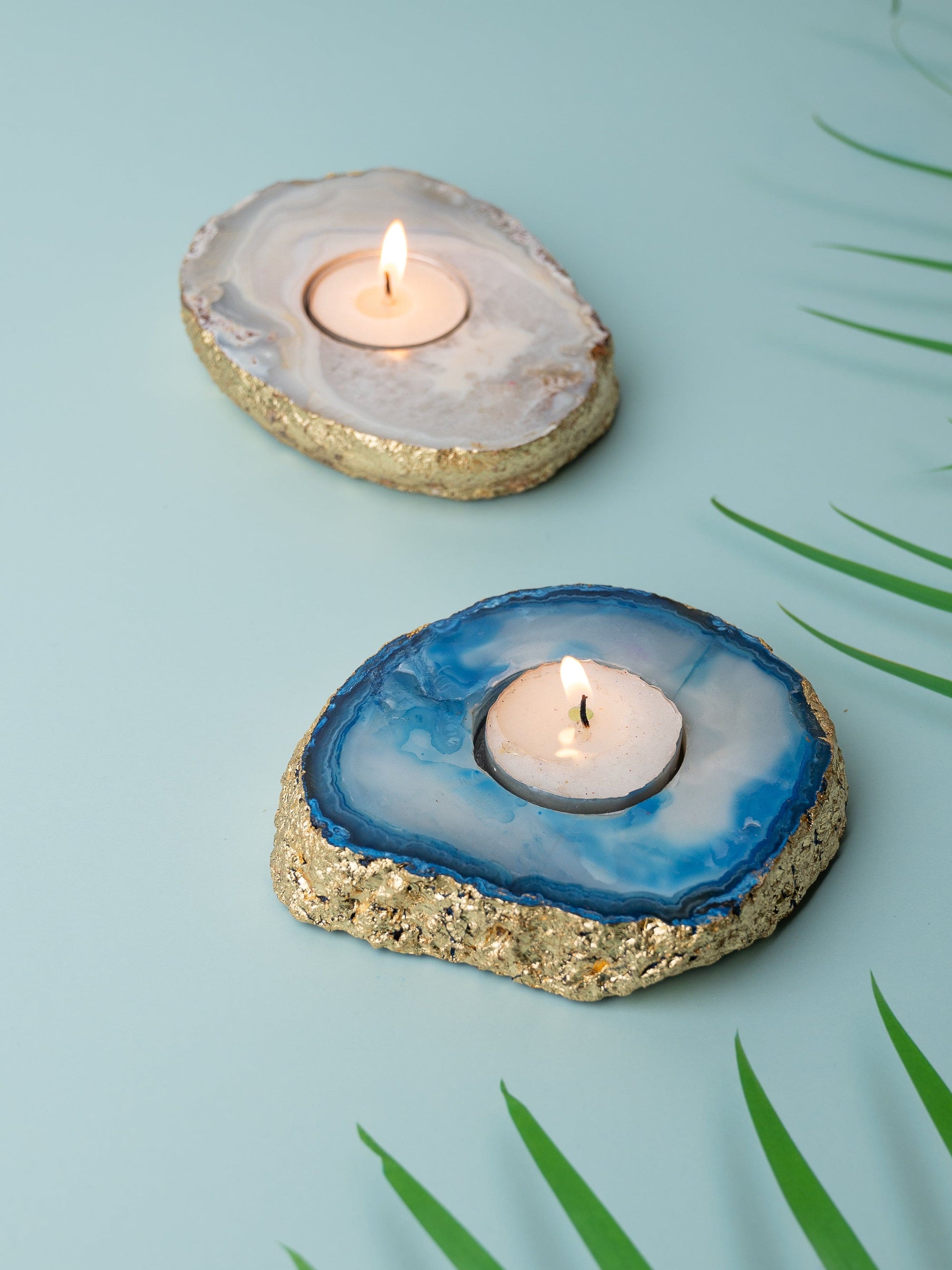 Set of 2 T Light Candle Holders Made in Colorful Agate Stone, Comes in a Gift Box