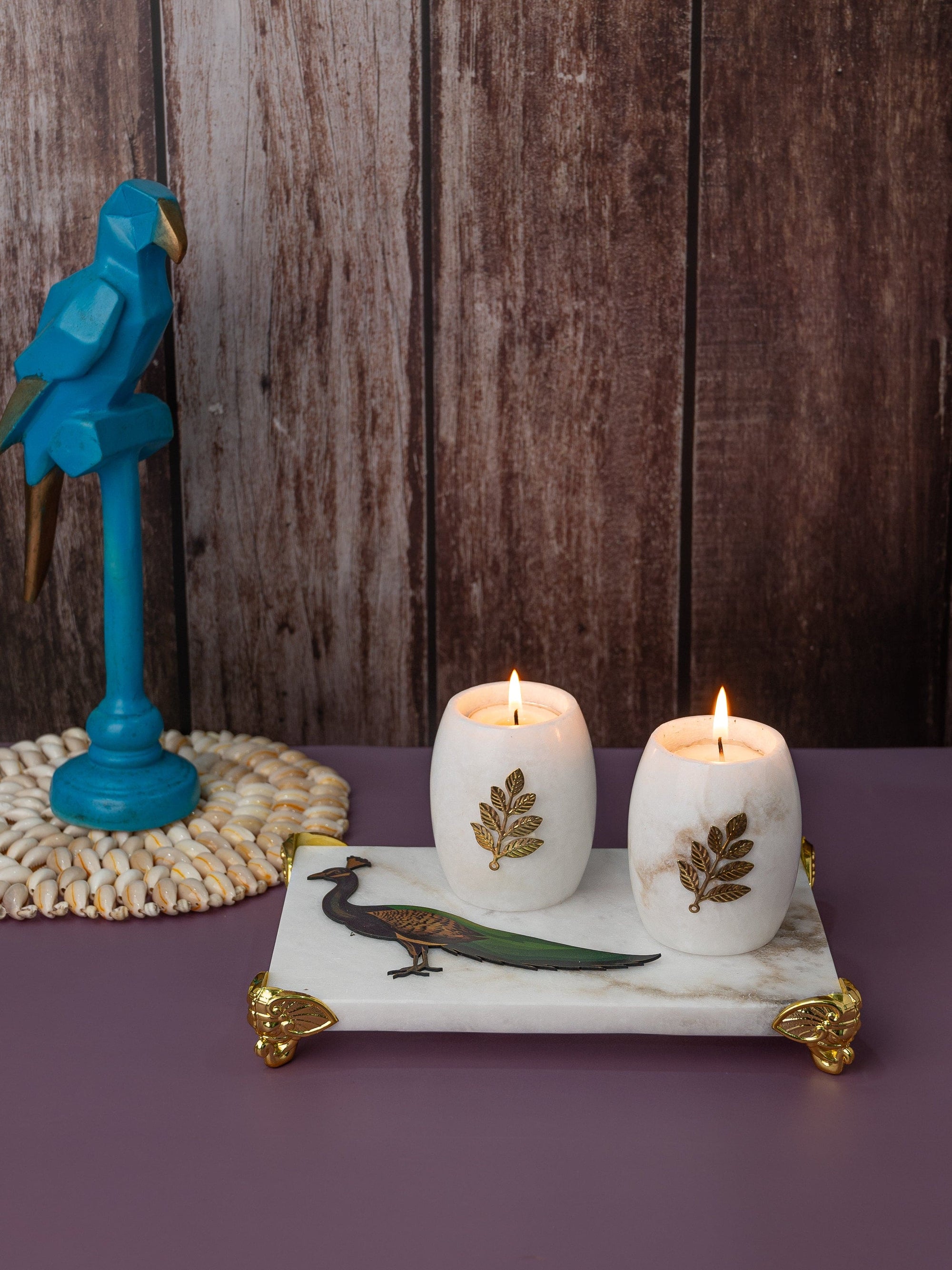 Set of 2 Tea light Candle Holders in a Rectangular Peacock Tray with Golden Legs