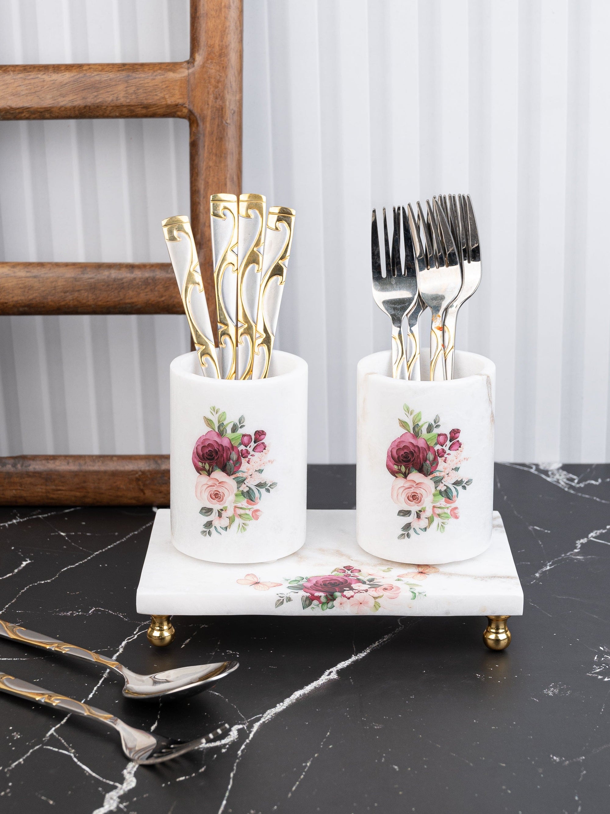 Marble Printed Set of 2 Cutlery Holder on a Rectangular Plate with Golden Legs