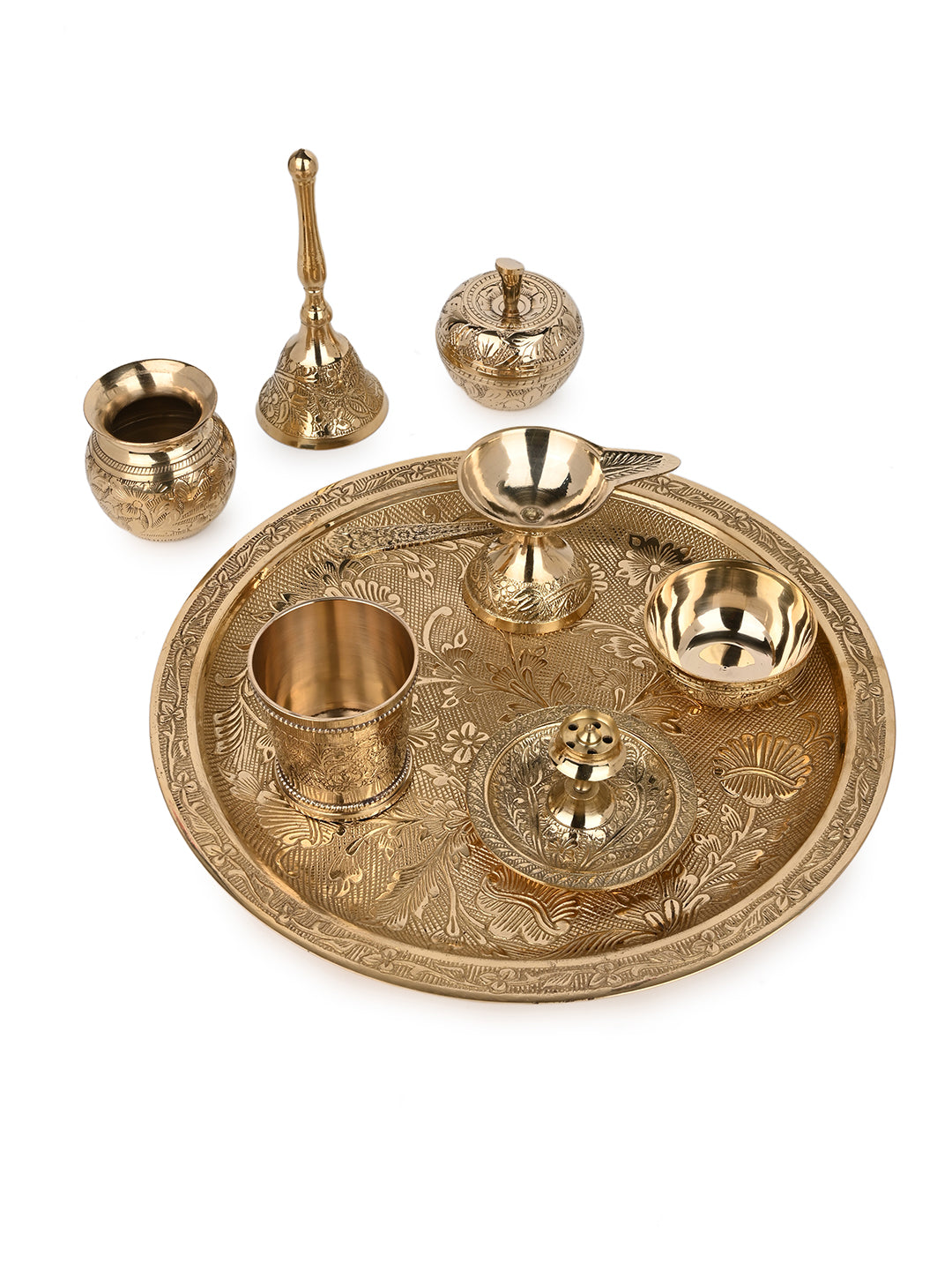 Brass crafted 8 pieces Puja thali set for everyday puja and rituals - 10 inches