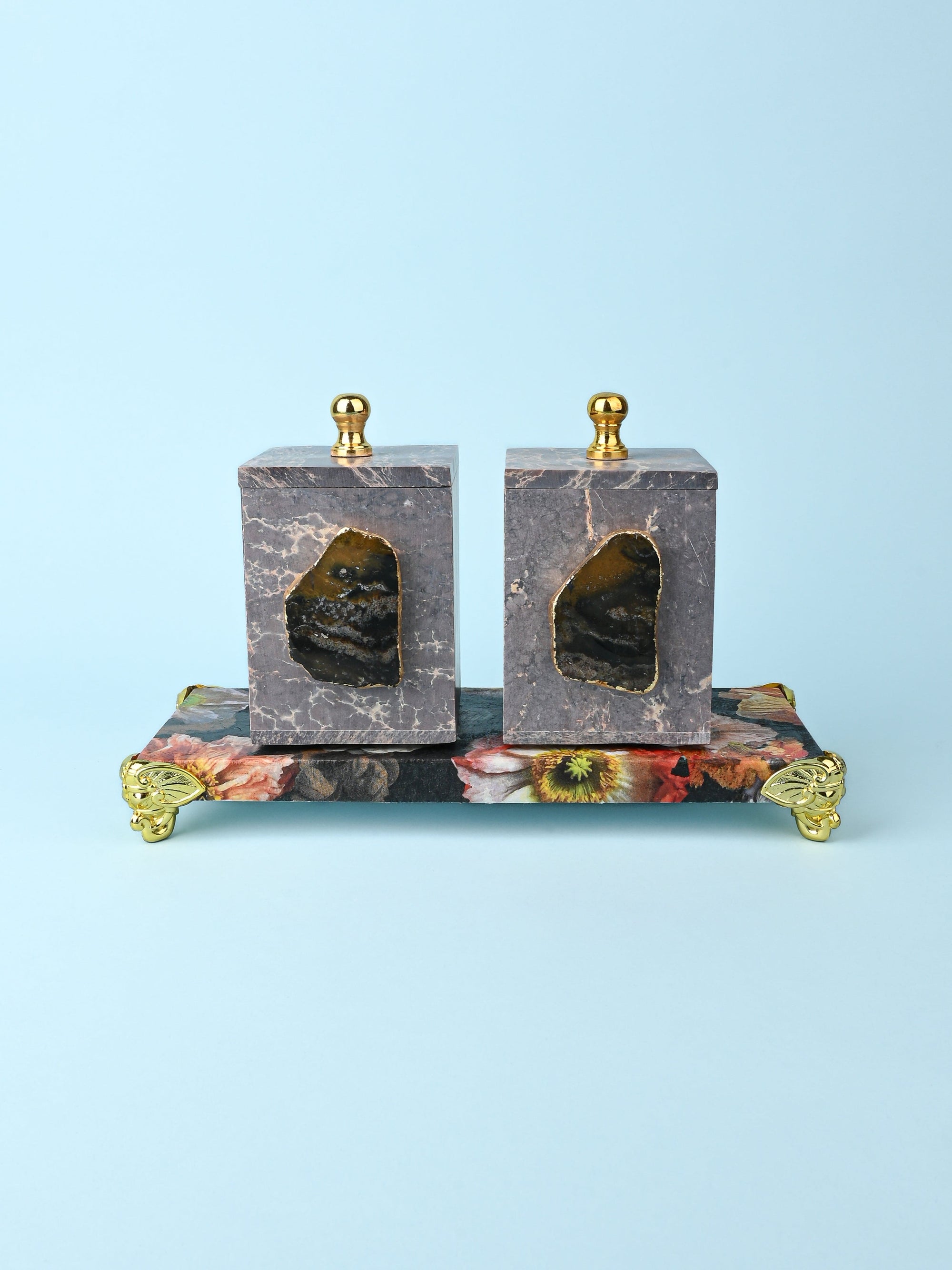 Set of 2 Containers with Agate Stone on a Floral Printed Tray