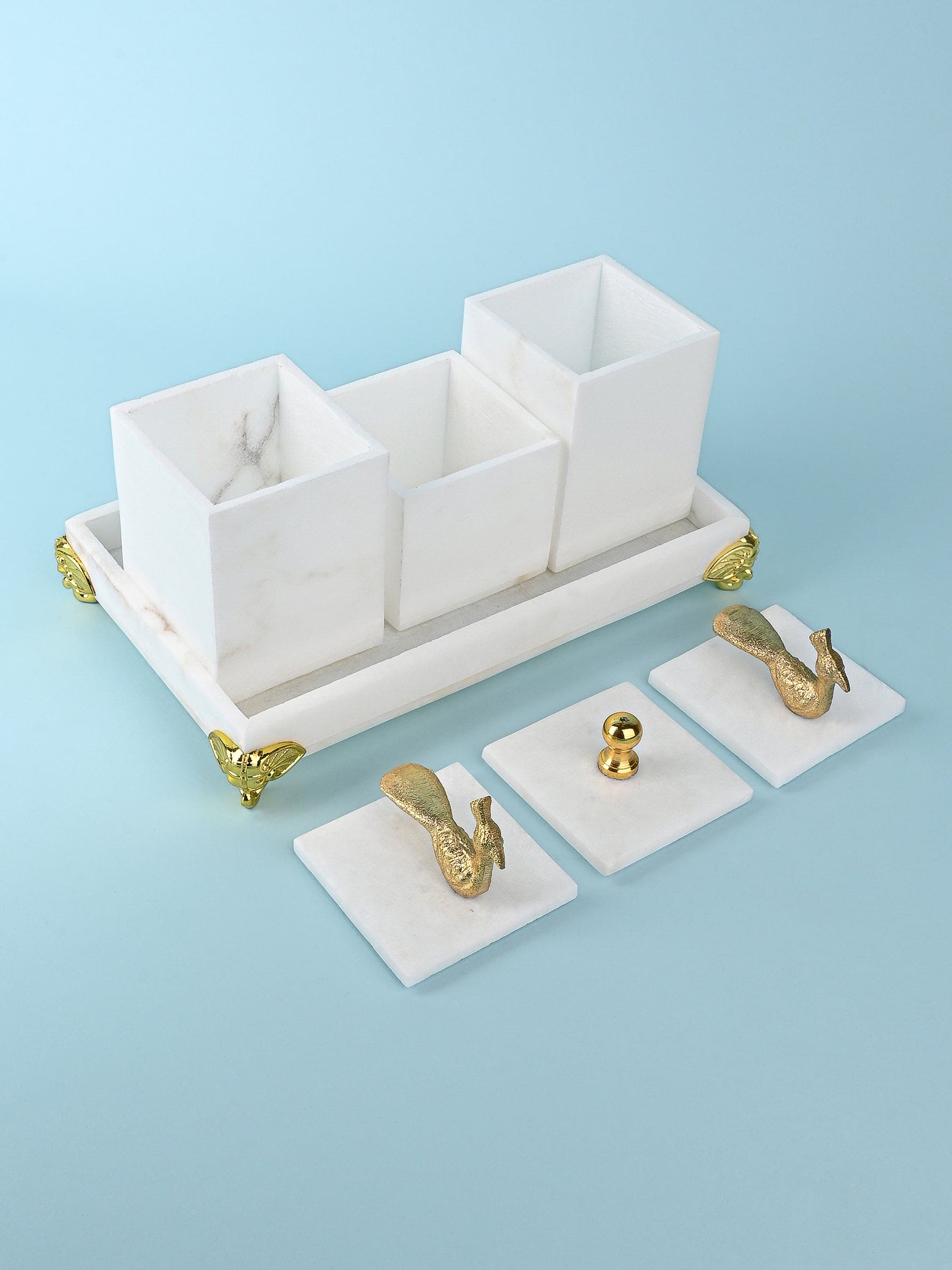 White Marble Set of 3 Containers on a Rectangular Tray with Golden Legs