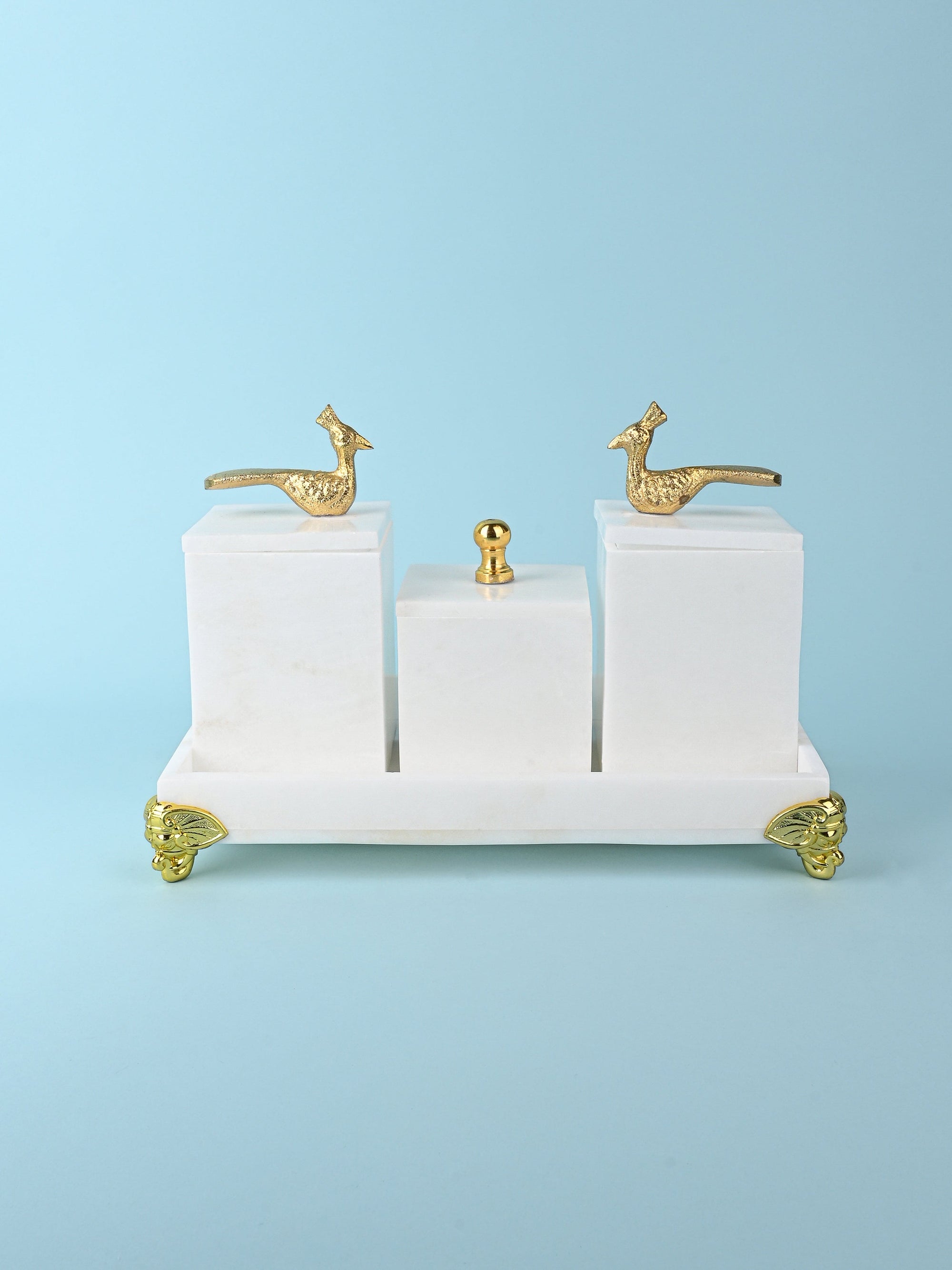 White Marble Set of 3 Containers on a Rectangular Tray with Golden Legs