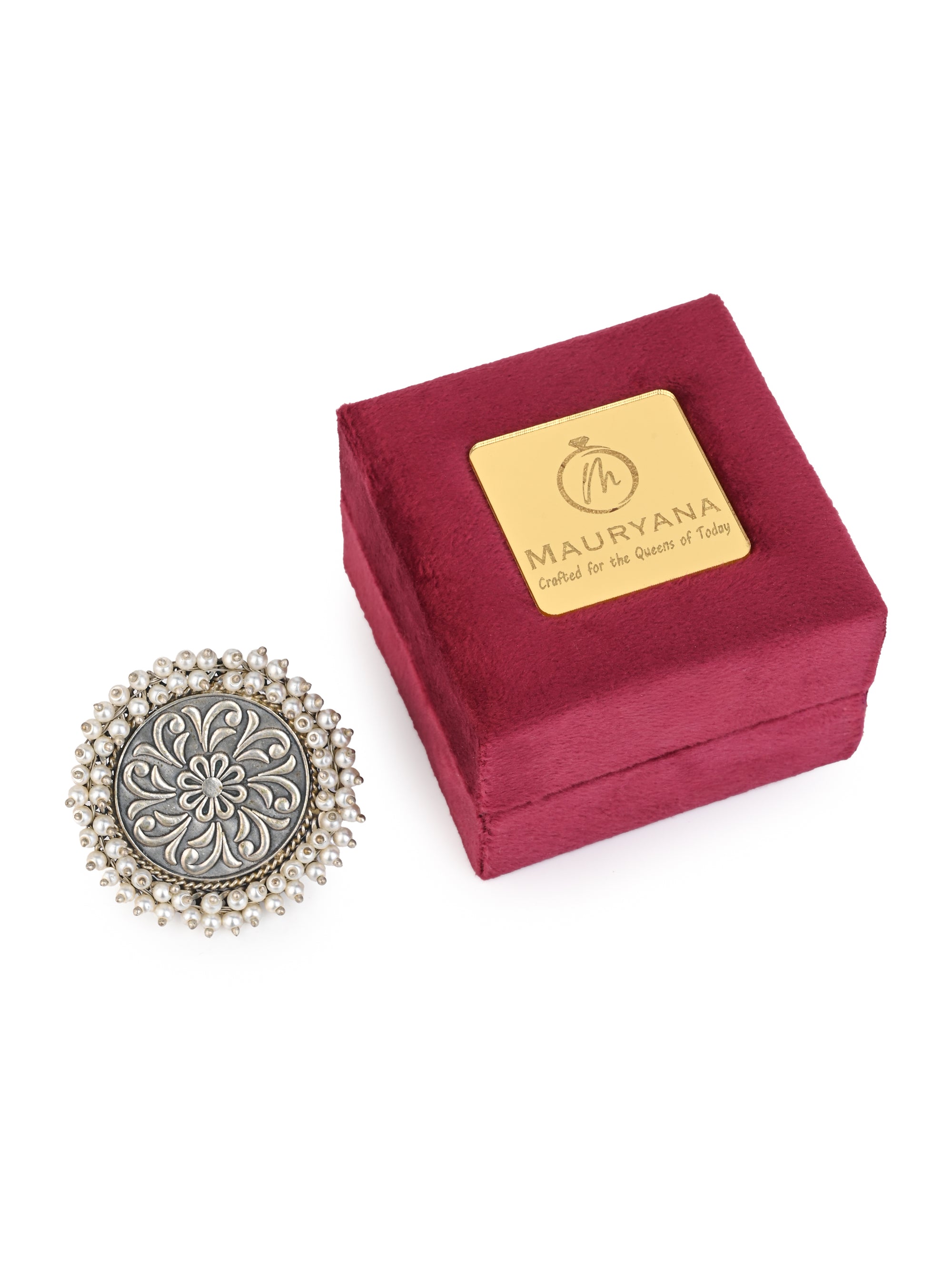 MAURYANA - Oxidised silver finger ring with white beaded border - adjustable size