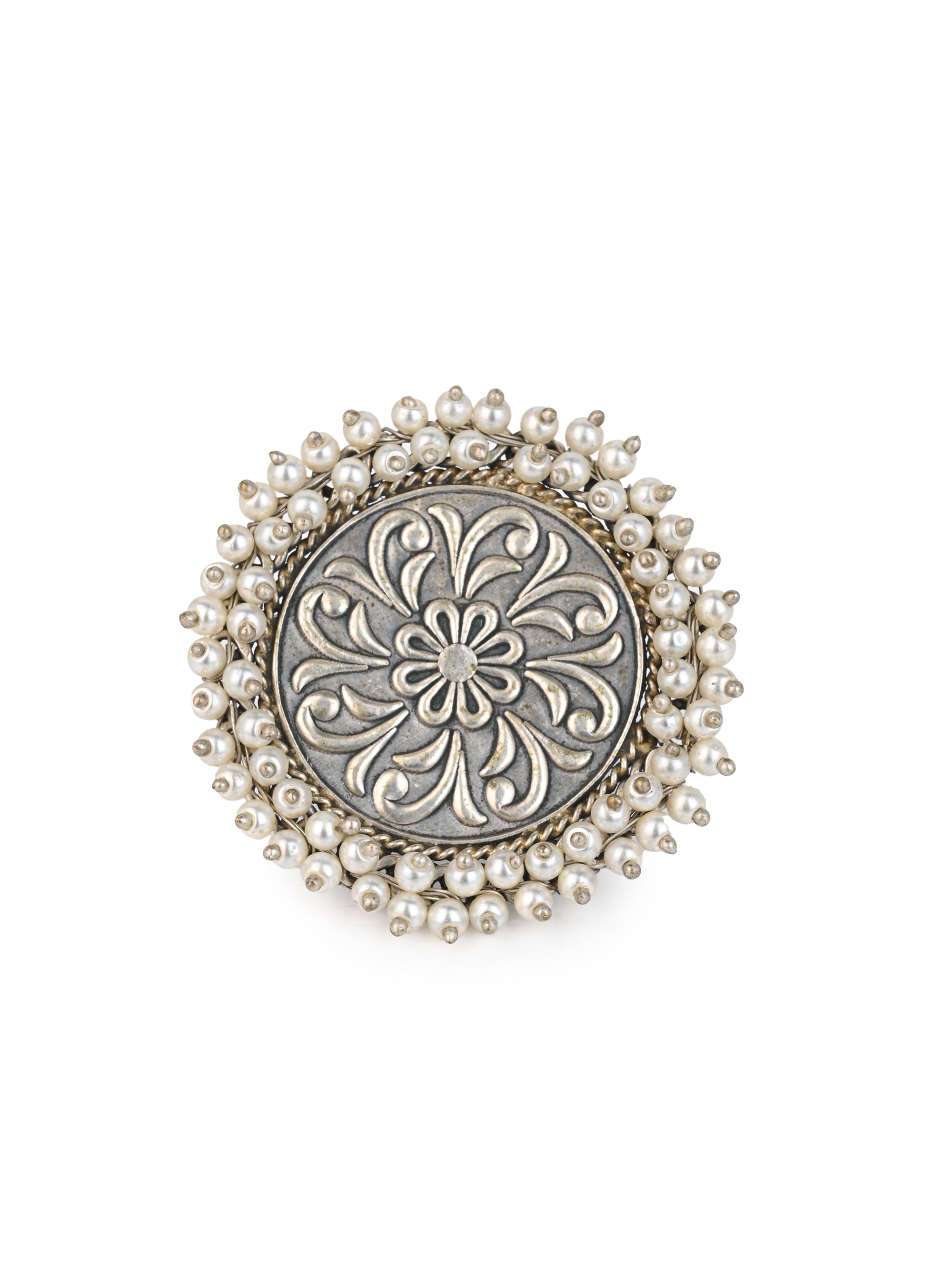 MAURYANA - Oxidised silver finger ring with white beaded border - adjustable size
