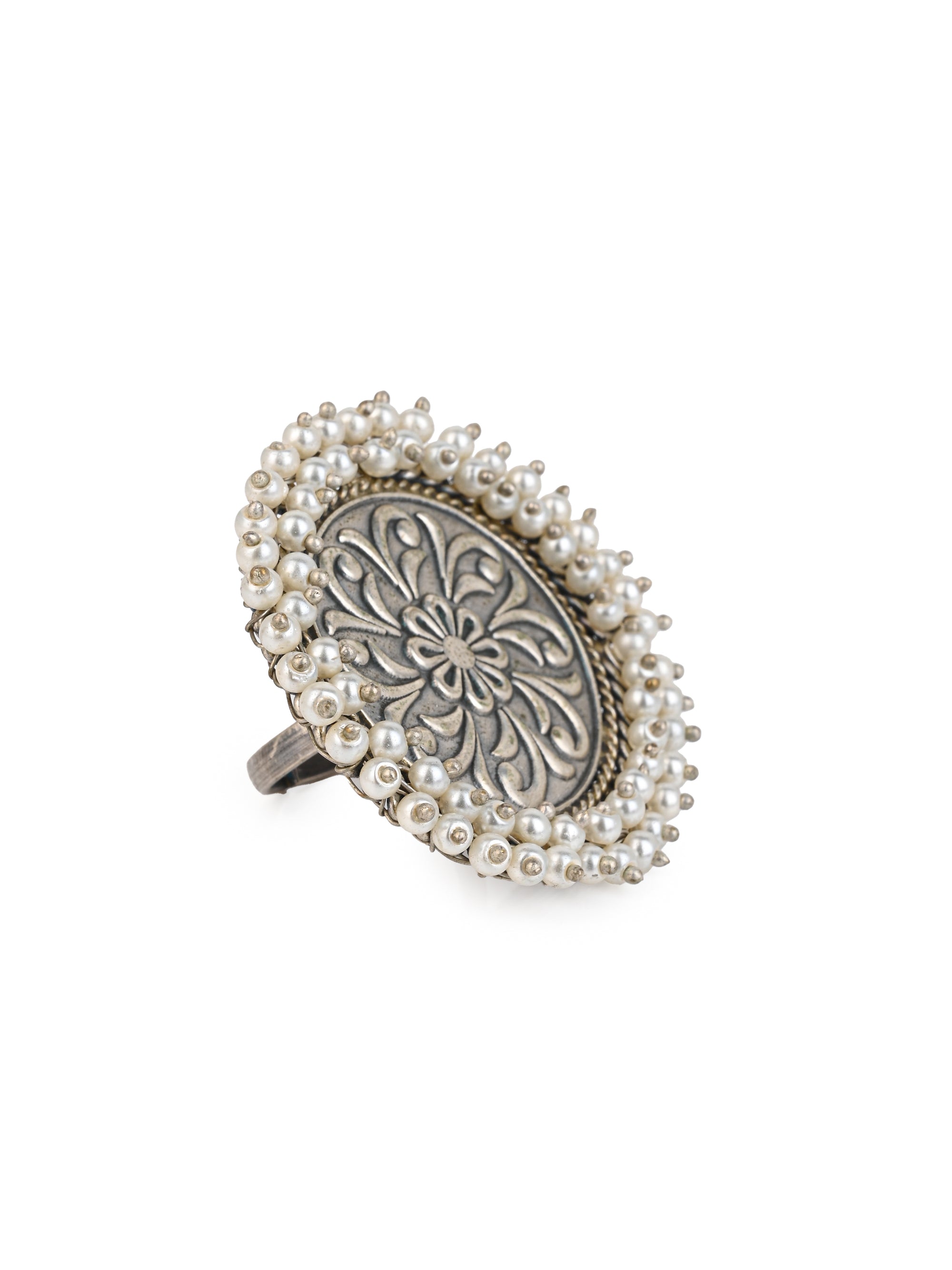 MAURYANA - Oxidised silver finger ring with white beaded border - adjustable size
