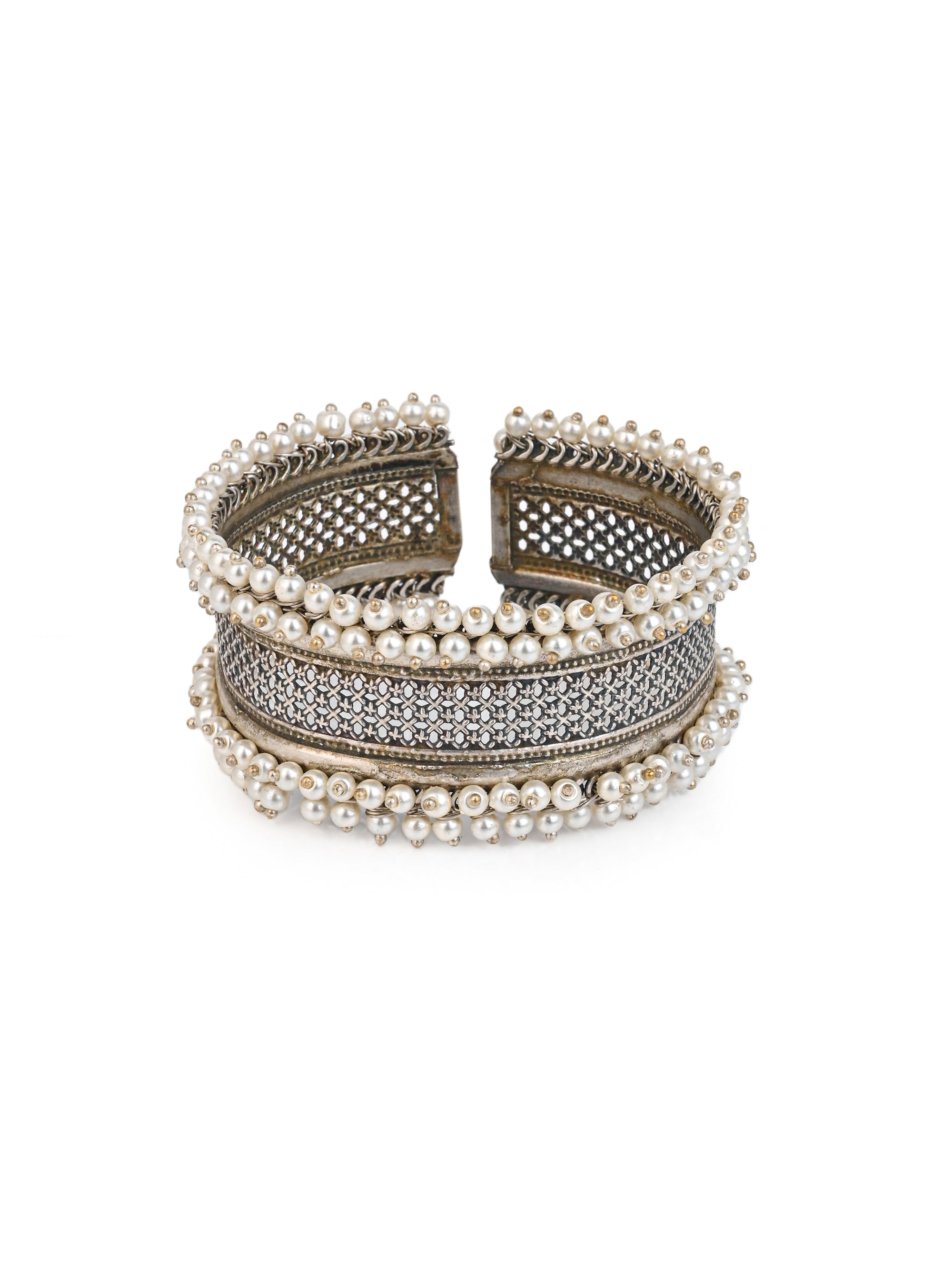 MAURYANA - Oxidised silver open end bangle with white bead decoration