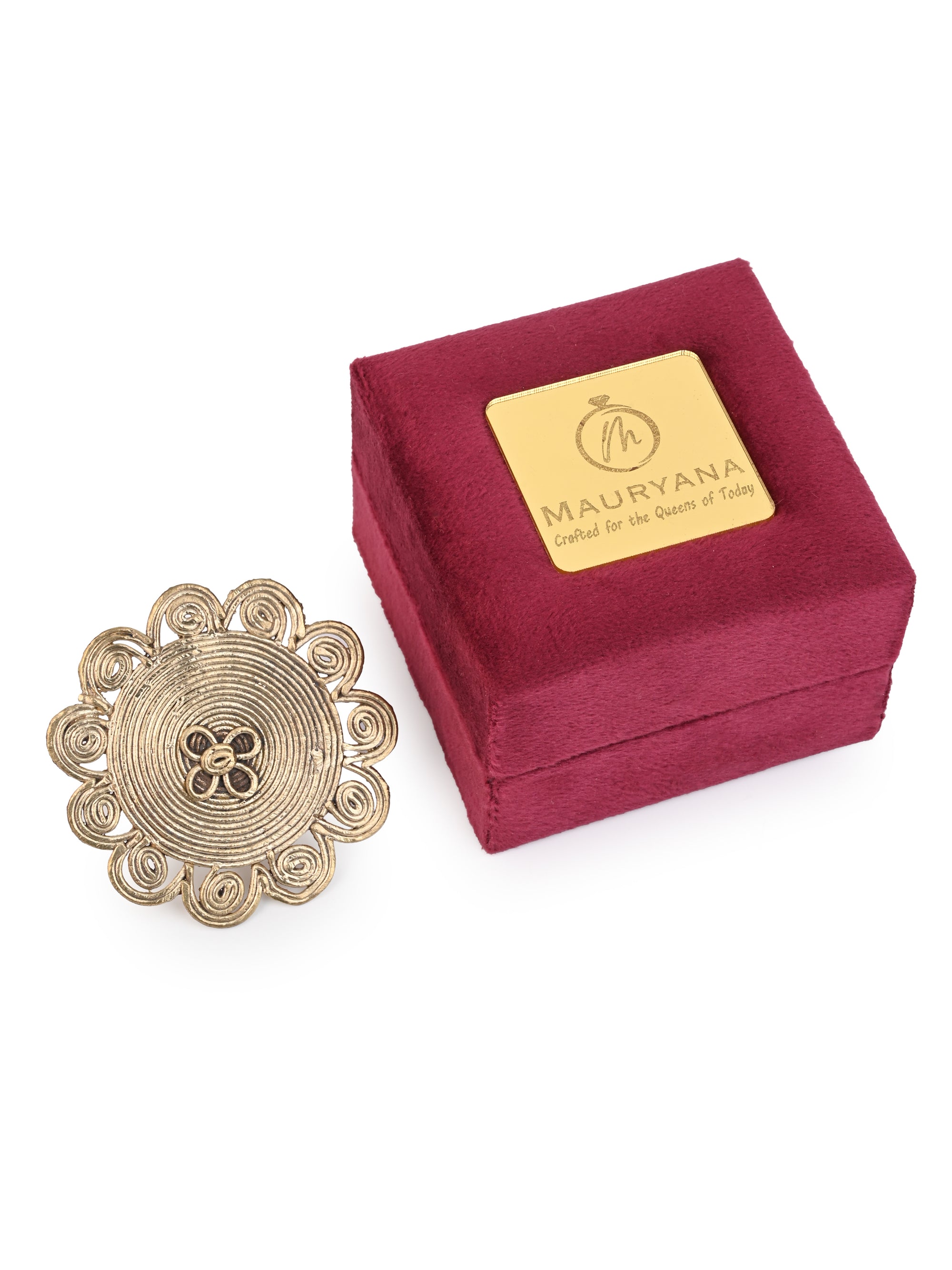 MAURYANA - Dokra craft floral design solid finger ring - adjustable size