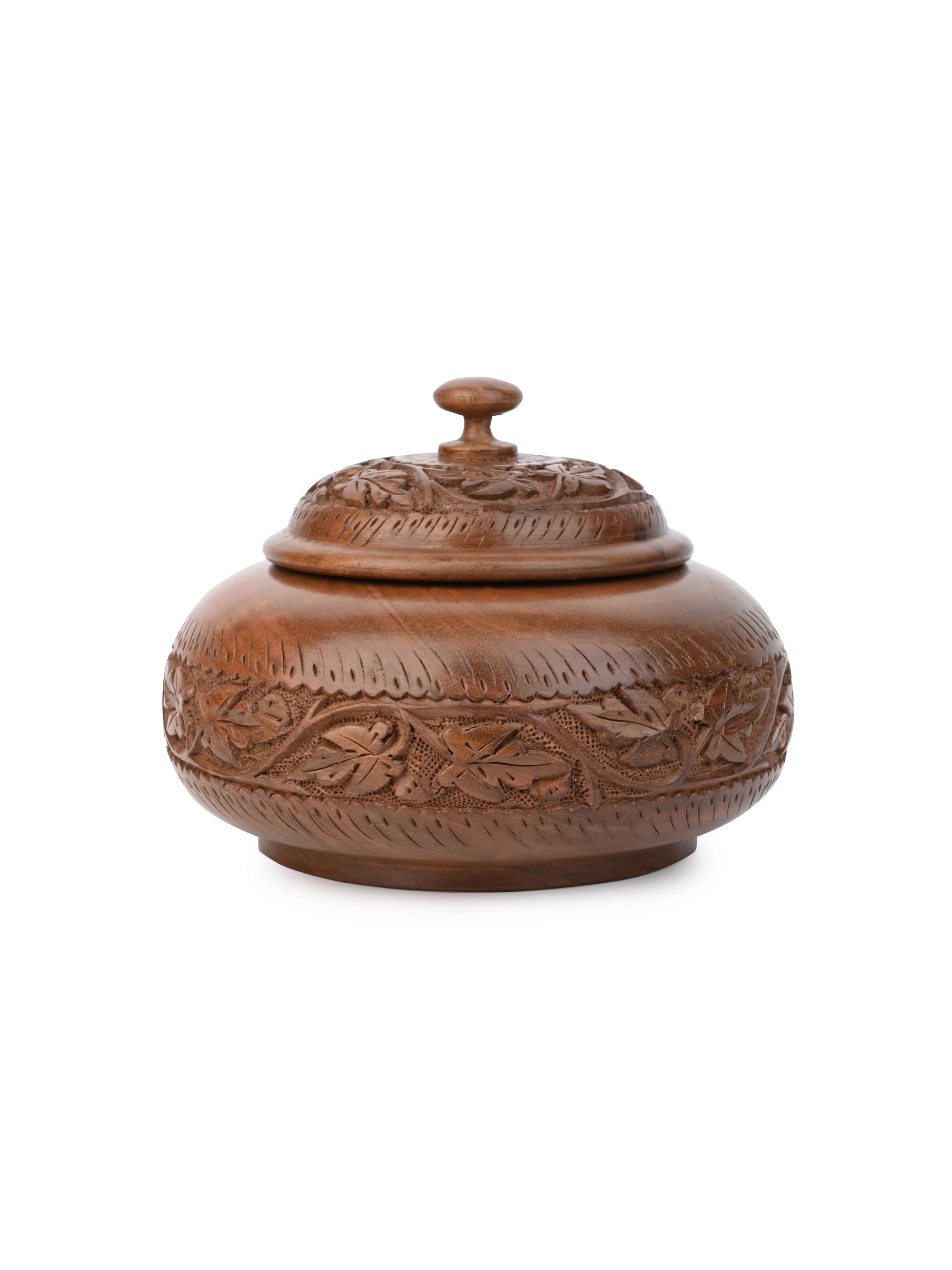 Walnut Wood Carved Round Storage Box with Lid - 6 inches diameter