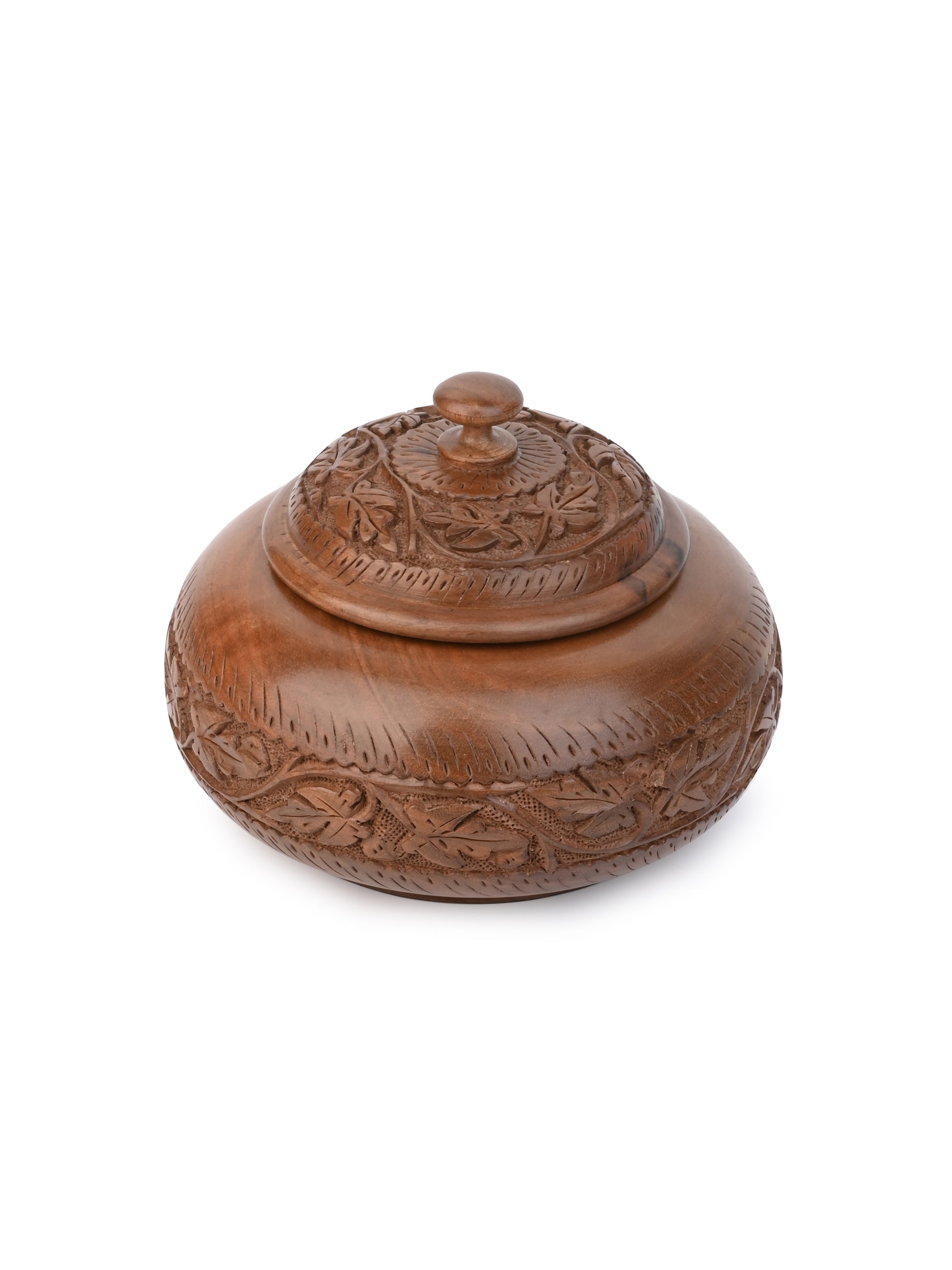 Walnut Wood Carved Round Storage Box with Lid - 6 inches diameter